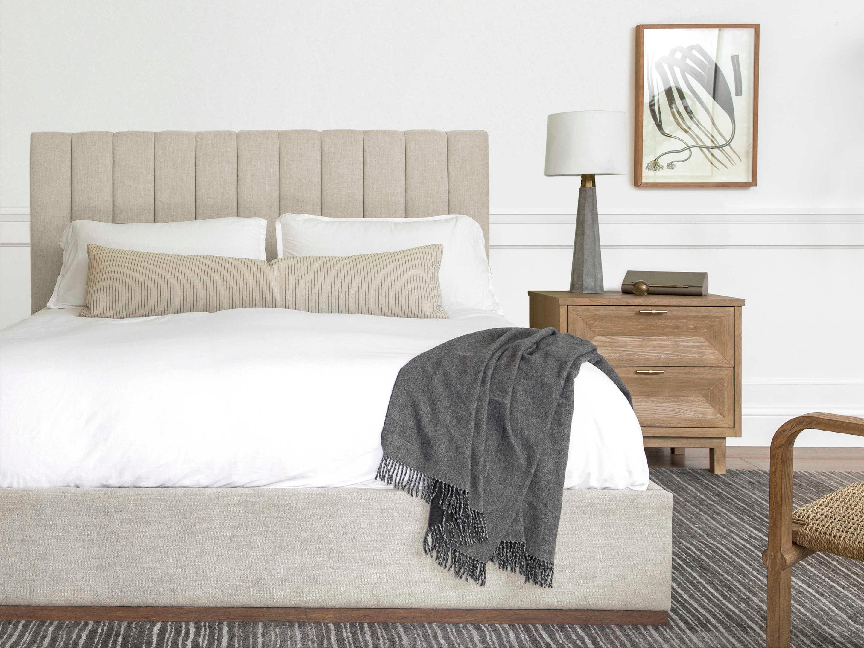 Brownstone Clarke Beach Nutmeg Plinth Brown Teak Wood Upholstered King Platform Bed