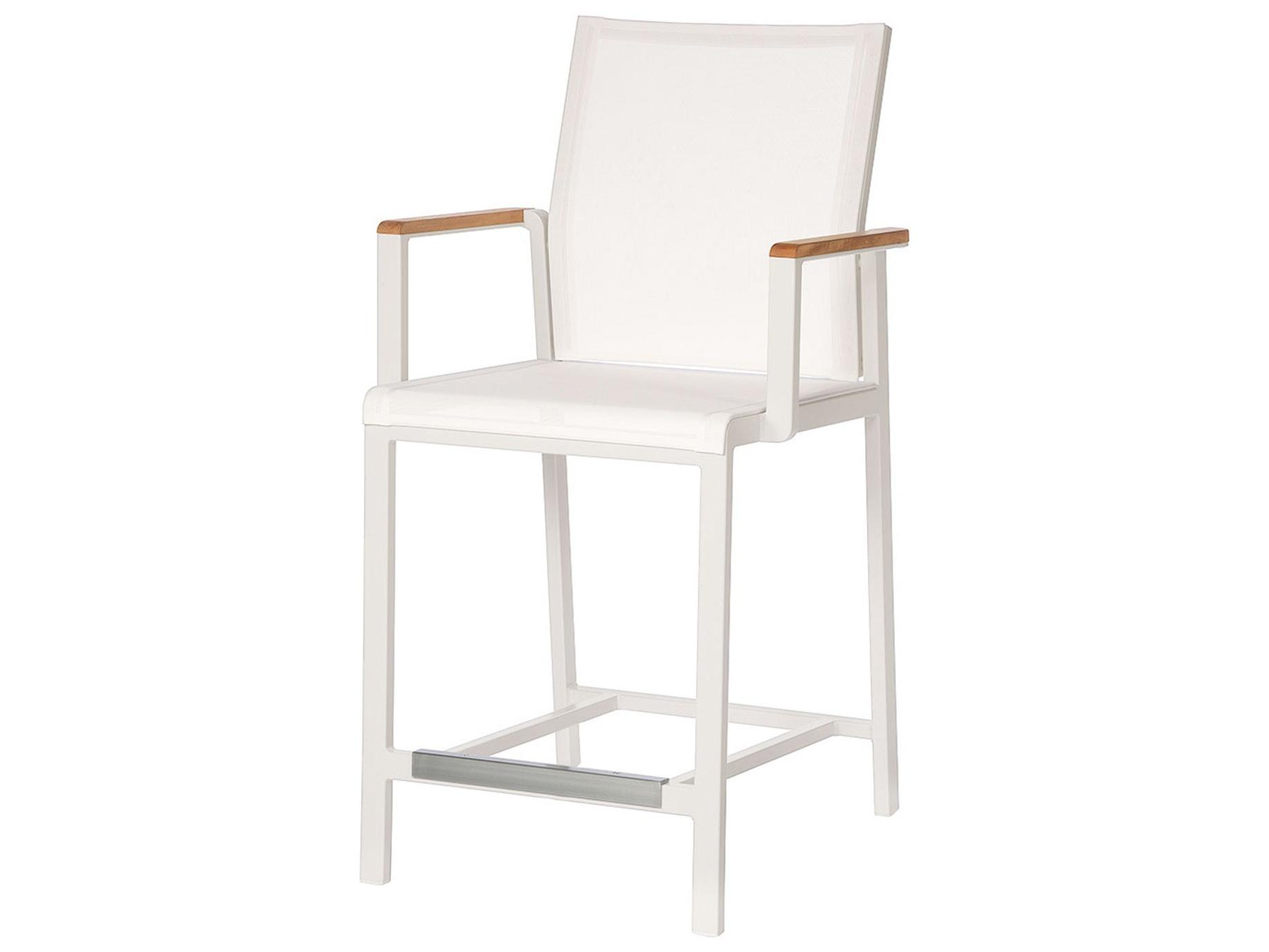 Barlow Tyrie Aura Counter Height Armchair - Arctic White Aluminum Frame - Natural Teak Arms - Pearl Textilene Sling