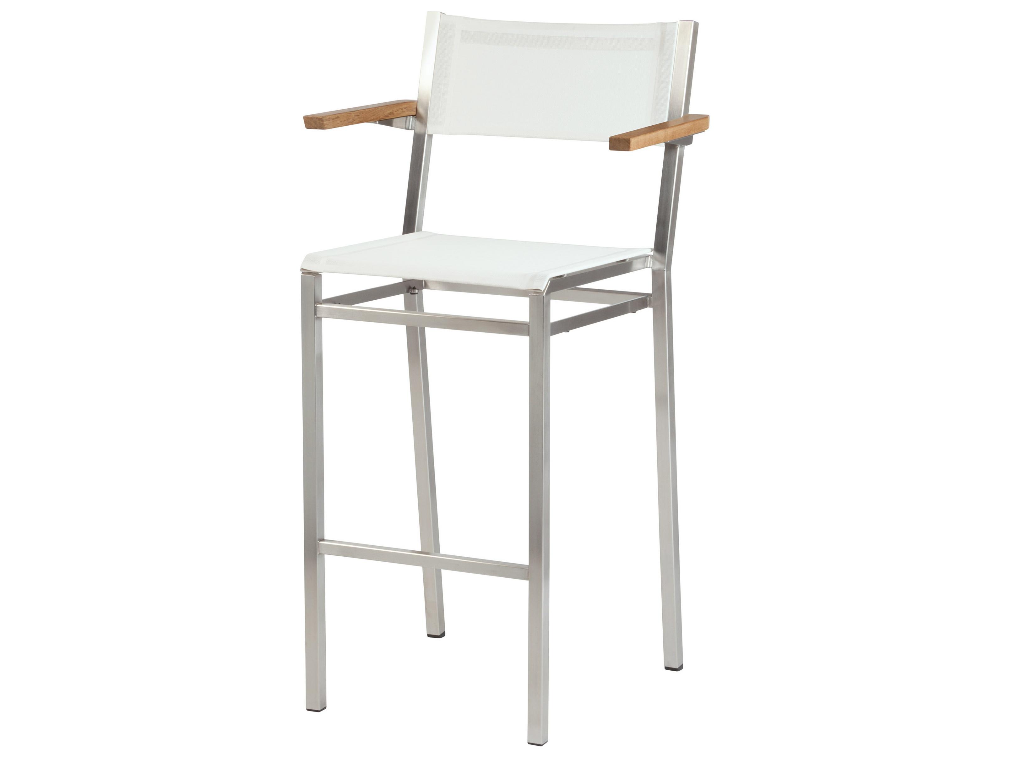 Barlow Tyrie Equinox Bar Stool - Natural Teak Arms - Pearl Textilene Sling