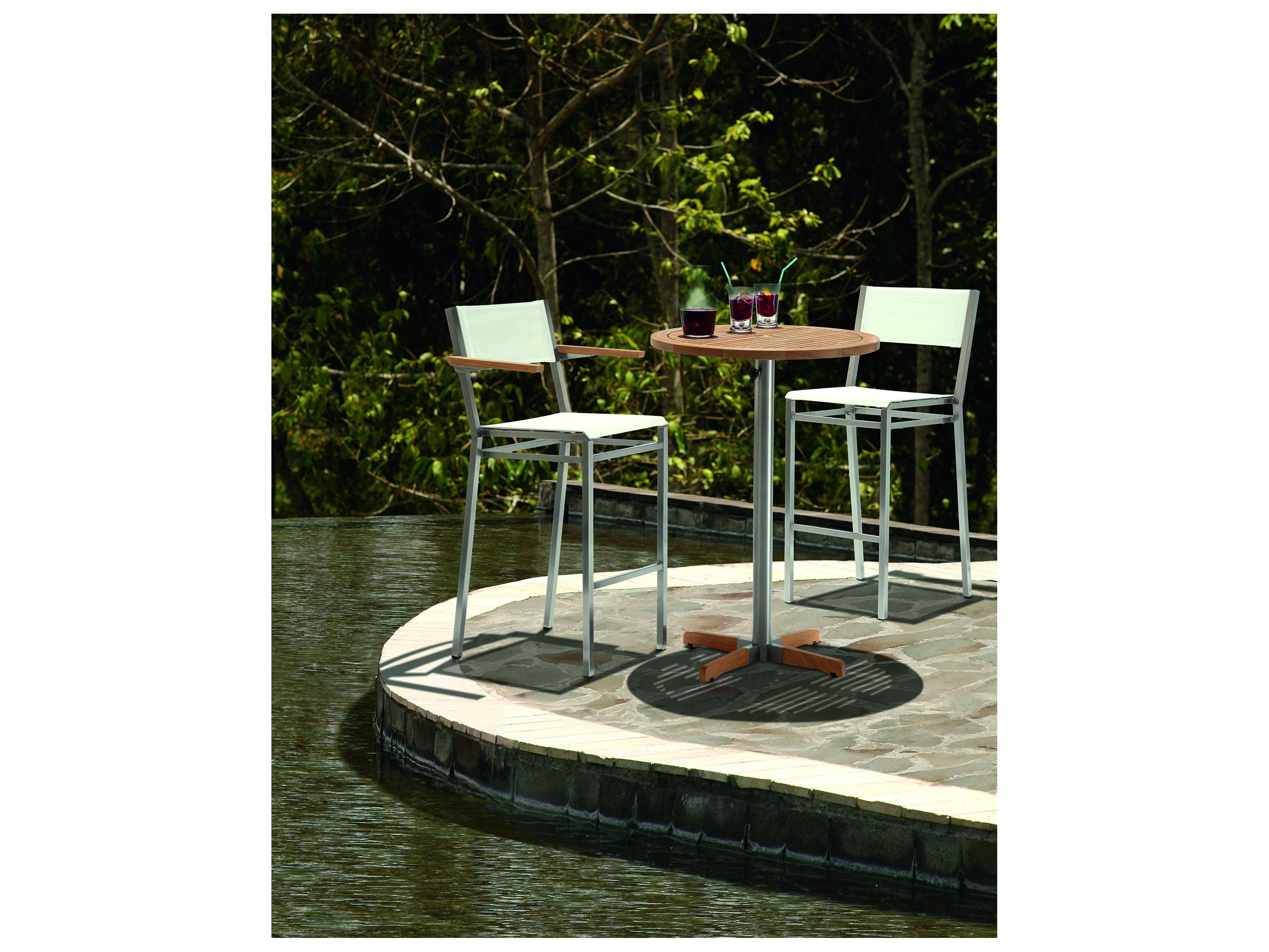 Barlow Tyrie Equinox Bar Stool - Natural Teak Arms - Pearl Textilene Sling