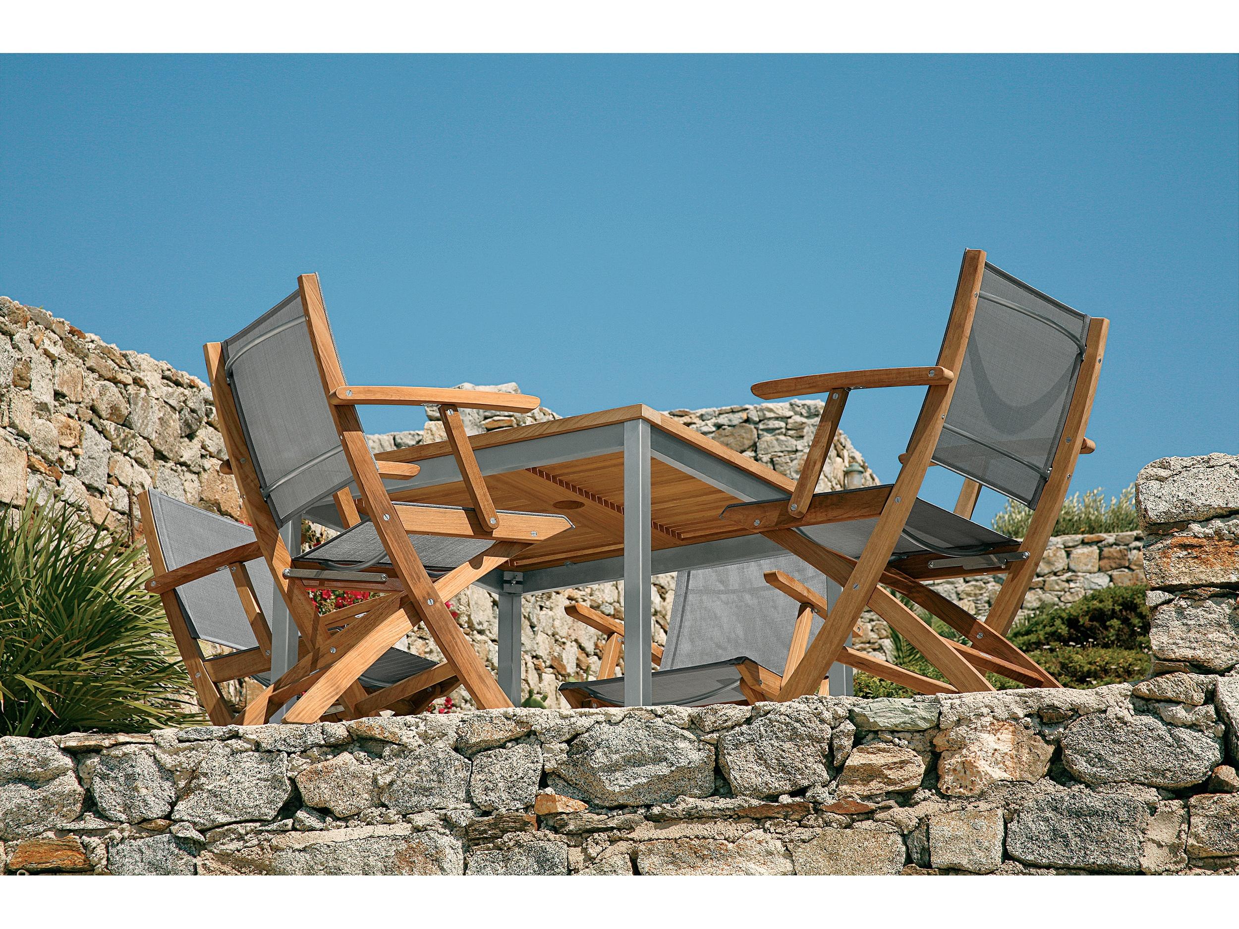 Barlow Tyrie Horizon Folding Dining Arm Chair - Natural Teak Frame - Platinum Textilene Sling