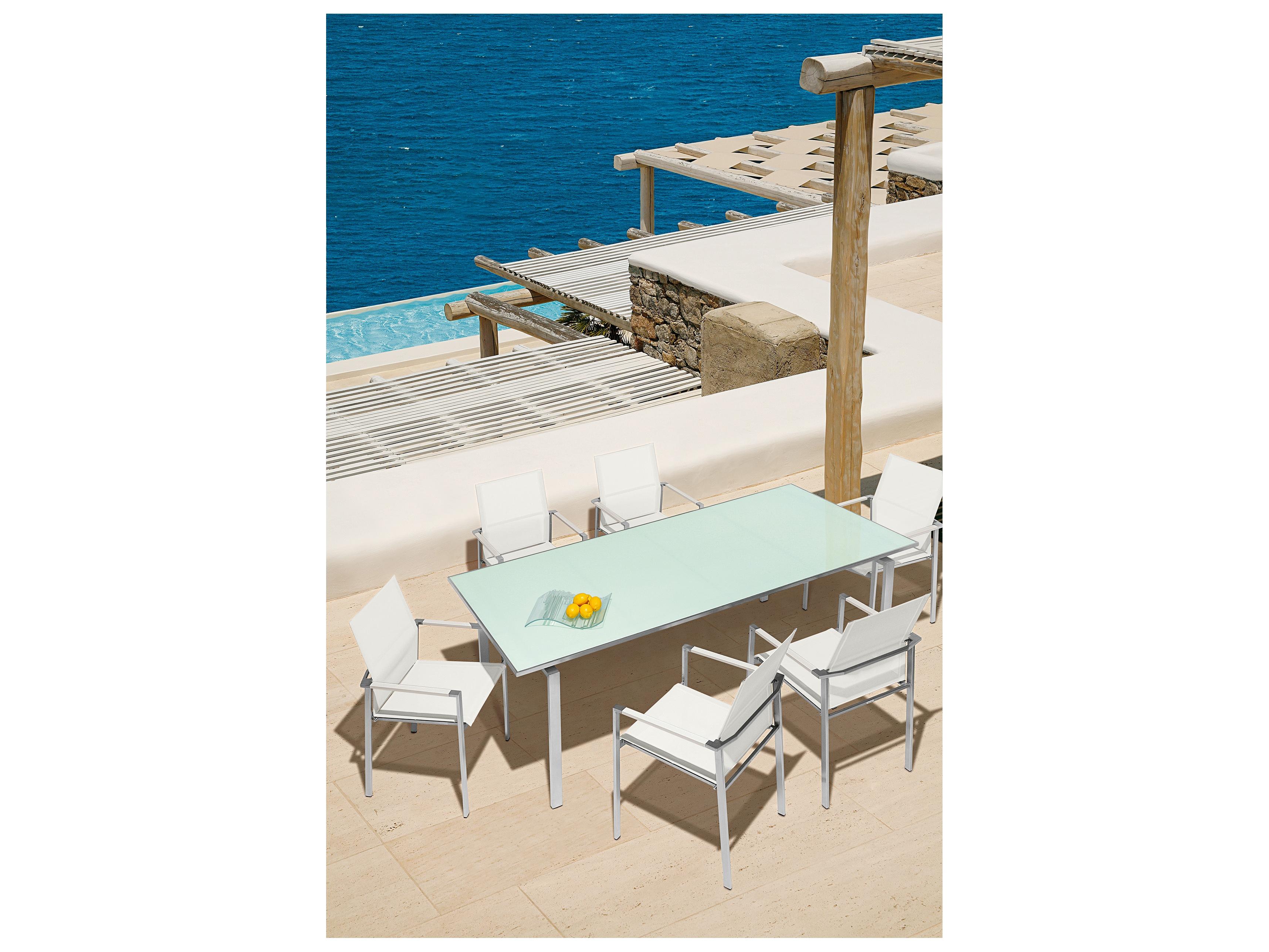 Barlow Tyrie Mercury Dining Arm Chair - Silver Stainless Steel Frame - Pearl Textilene Sling - Arctic White Powder Coated Aluminum Arms