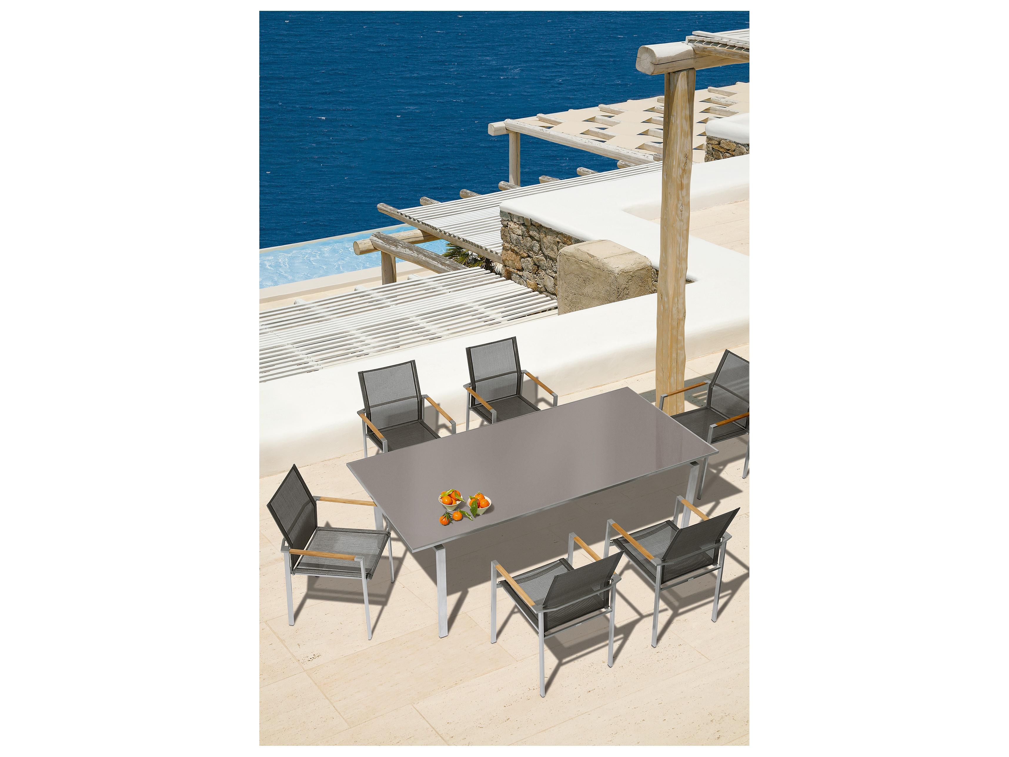 Barlow Tyrie Mercury Dining Arm Chair - Silver Stainless Steel Frame - Charcoal Textilene Sling - Natural Teak Arms