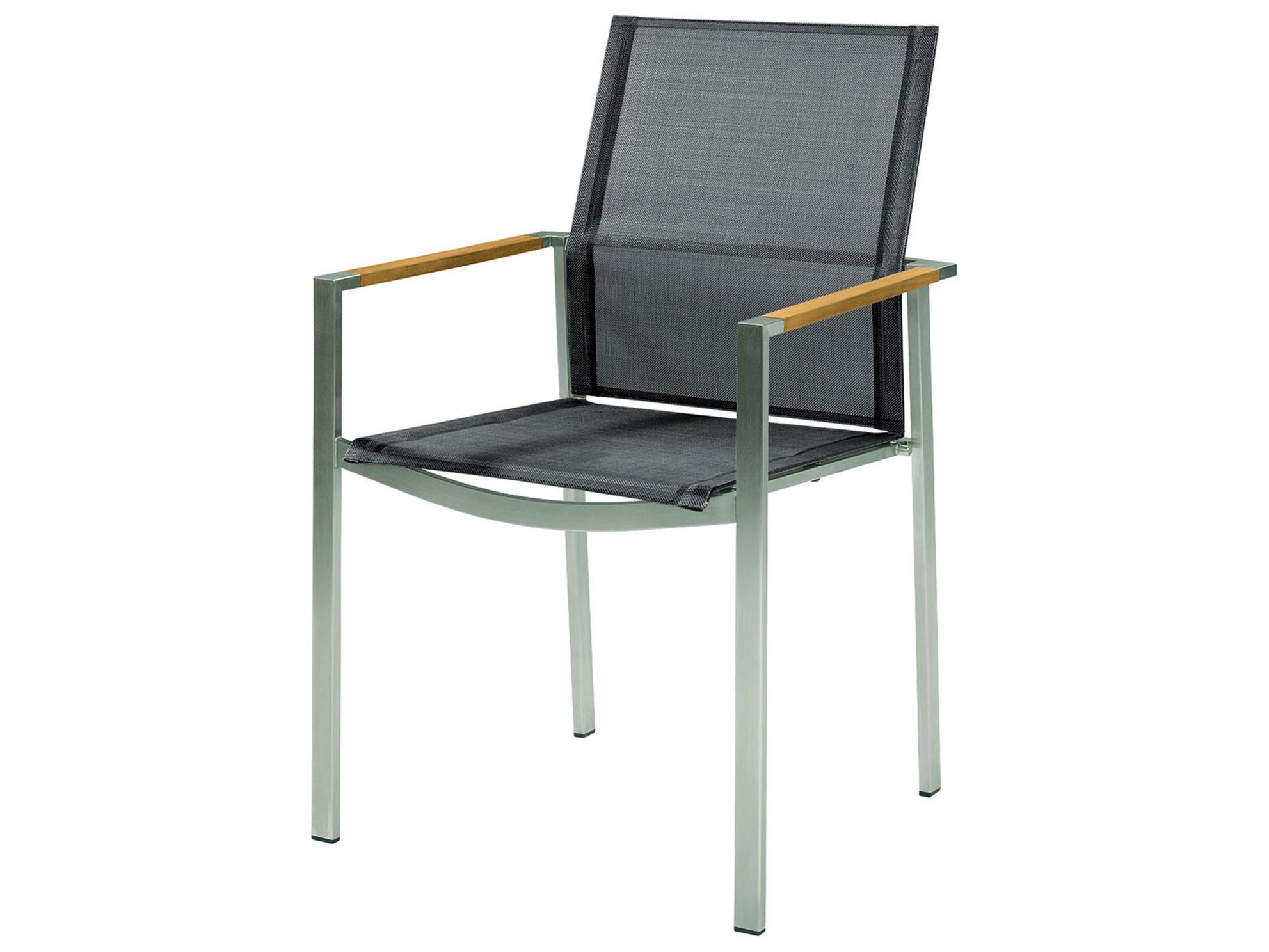 Barlow Tyrie Mercury Dining Arm Chair - Silver Stainless Steel Frame - Platinum Textilene Sling - Natural Teak Arms