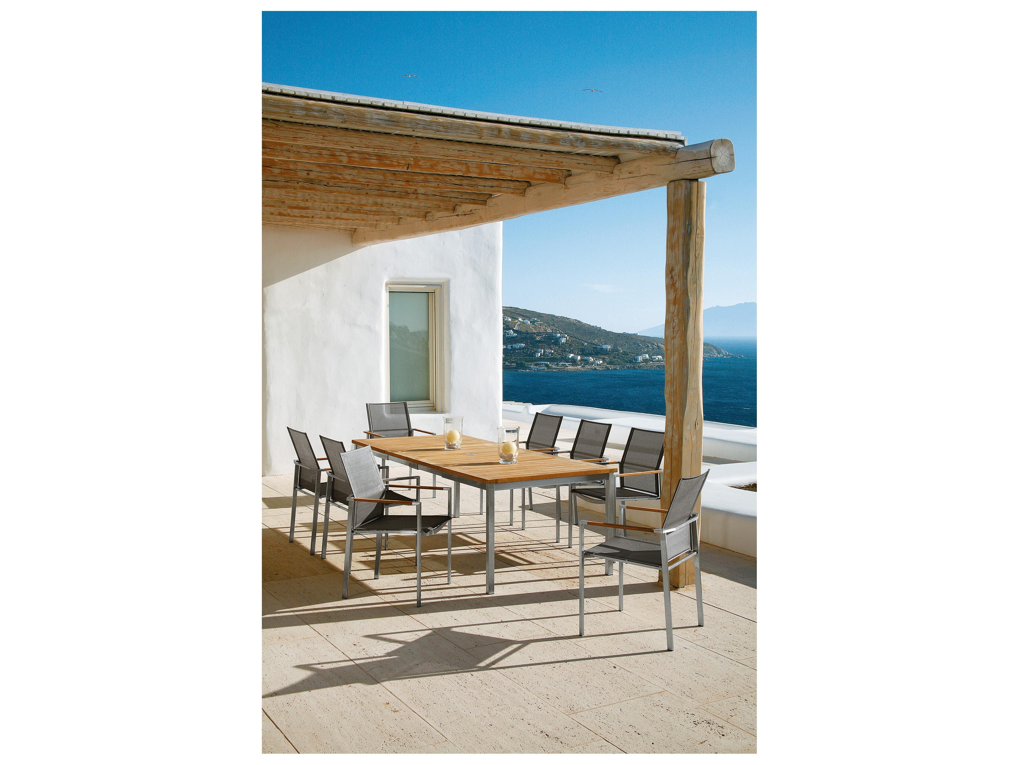 Barlow Tyrie Mercury Dining Arm Chair - Silver Stainless Steel Frame - Platinum Textilene Sling - Natural Teak Arms