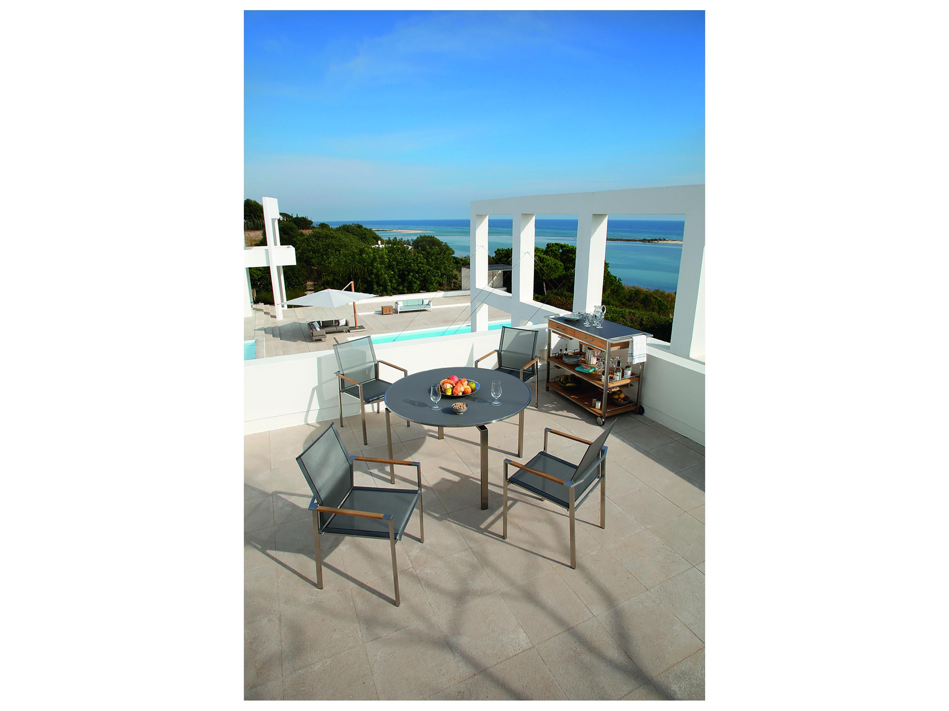 Barlow Tyrie Mercury Dining Arm Chair - Silver Stainless Steel Frame - Platinum Textilene Sling - Natural Teak Arms