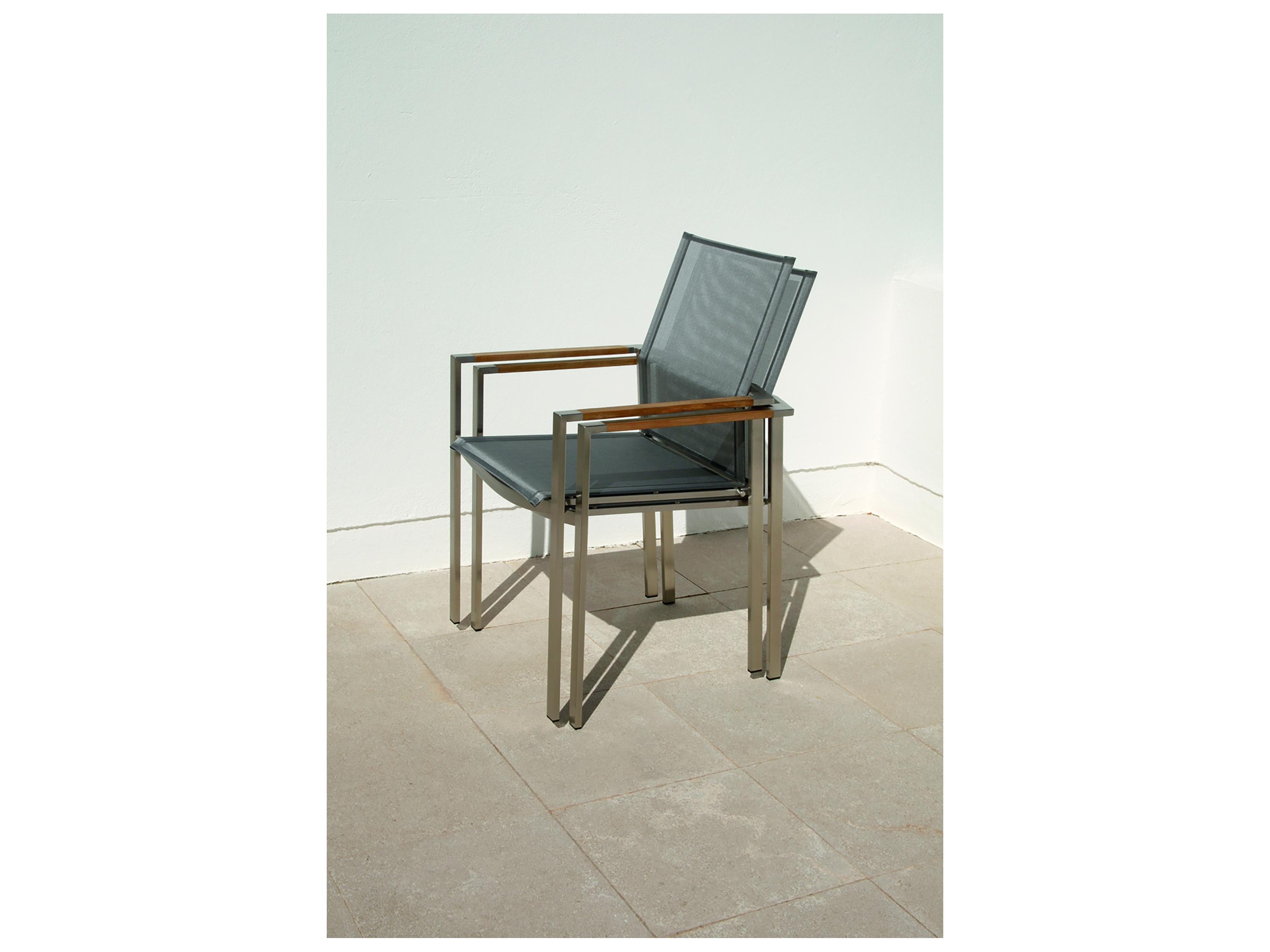 Barlow Tyrie Mercury Dining Arm Chair - Silver Stainless Steel Frame - Platinum Textilene Sling - Natural Teak Arms