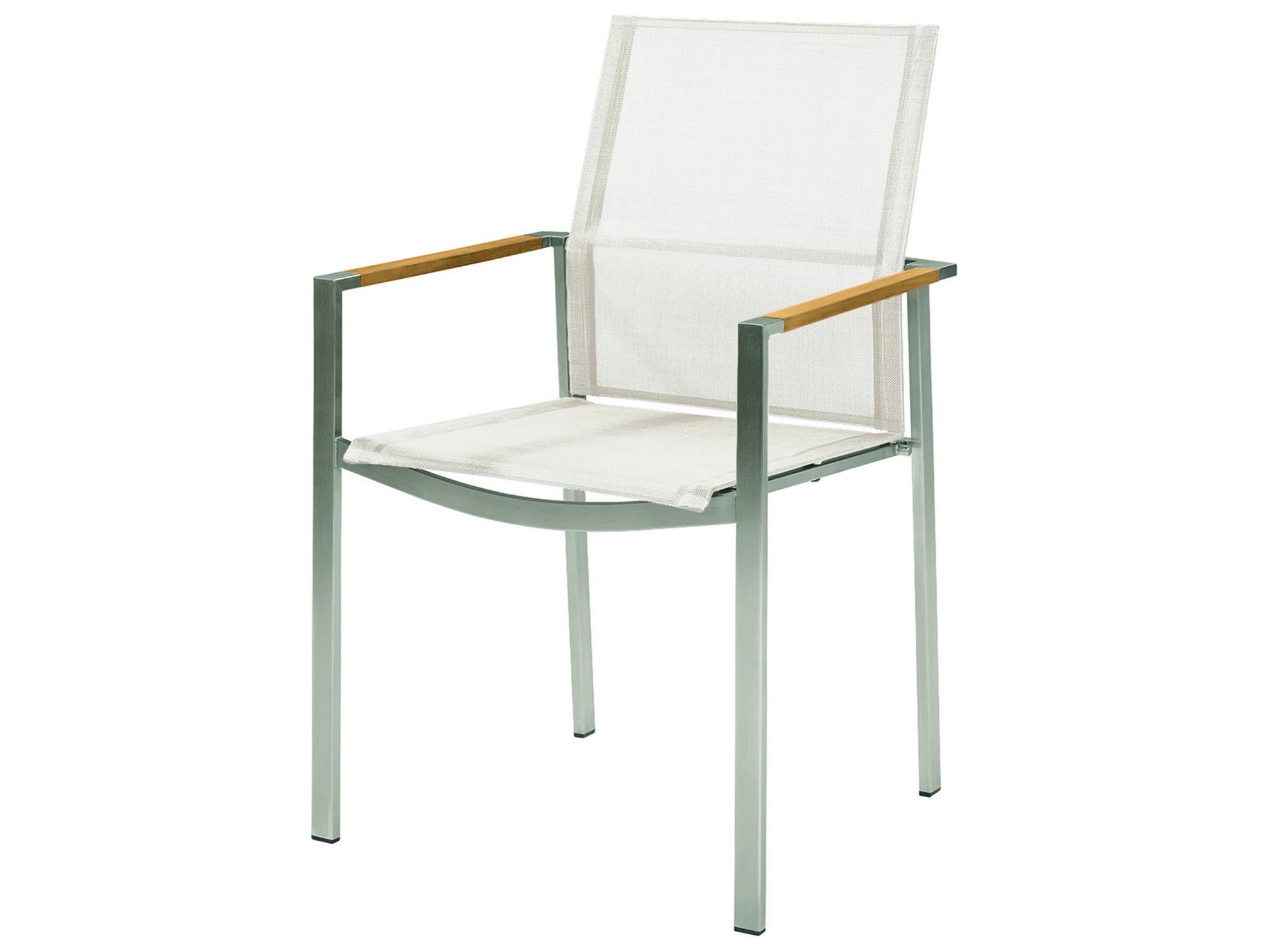 Barlow Tyrie Mercury Dining Arm Chair - Silver Stainless Steel Frame - Pearl Textilene Sling - Natural Teak Arms