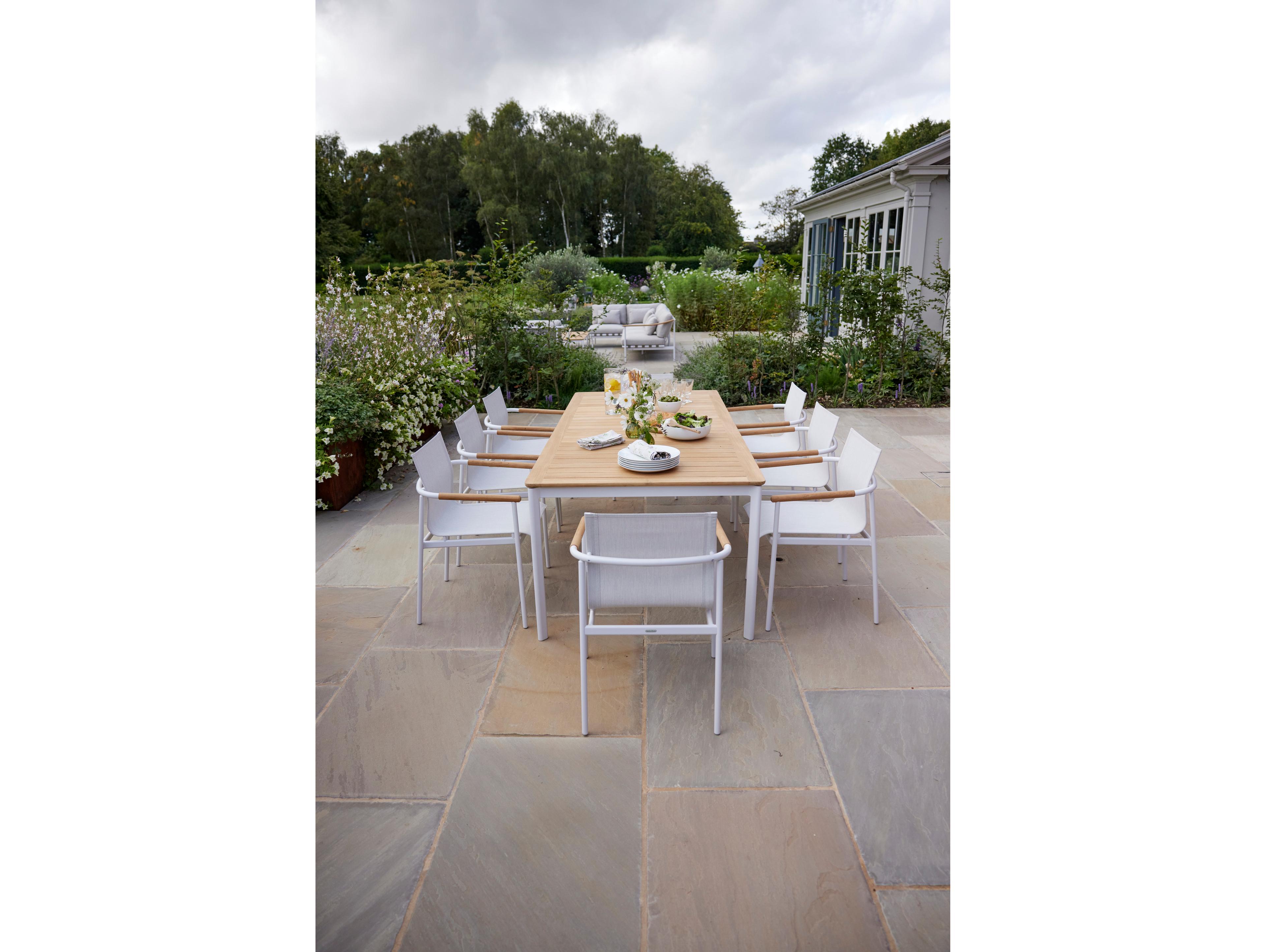 Barlow Tyrie Around Dining Table Arctic White Powder-Coated Aluminum Natural Teak 85" Wide