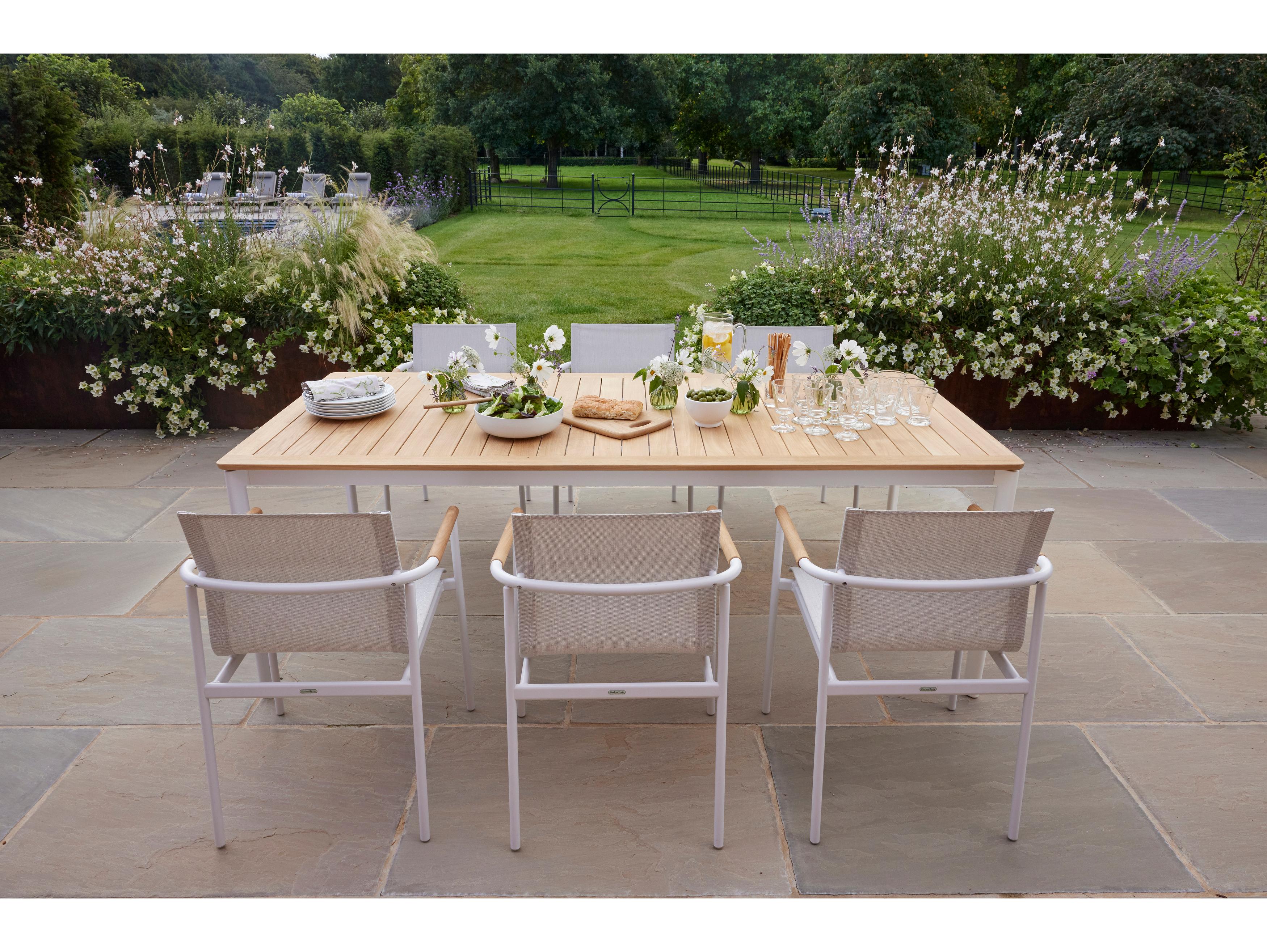 Barlow Tyrie Around Dining Table Arctic White Powder-Coated Aluminum Natural Teak 85" Wide