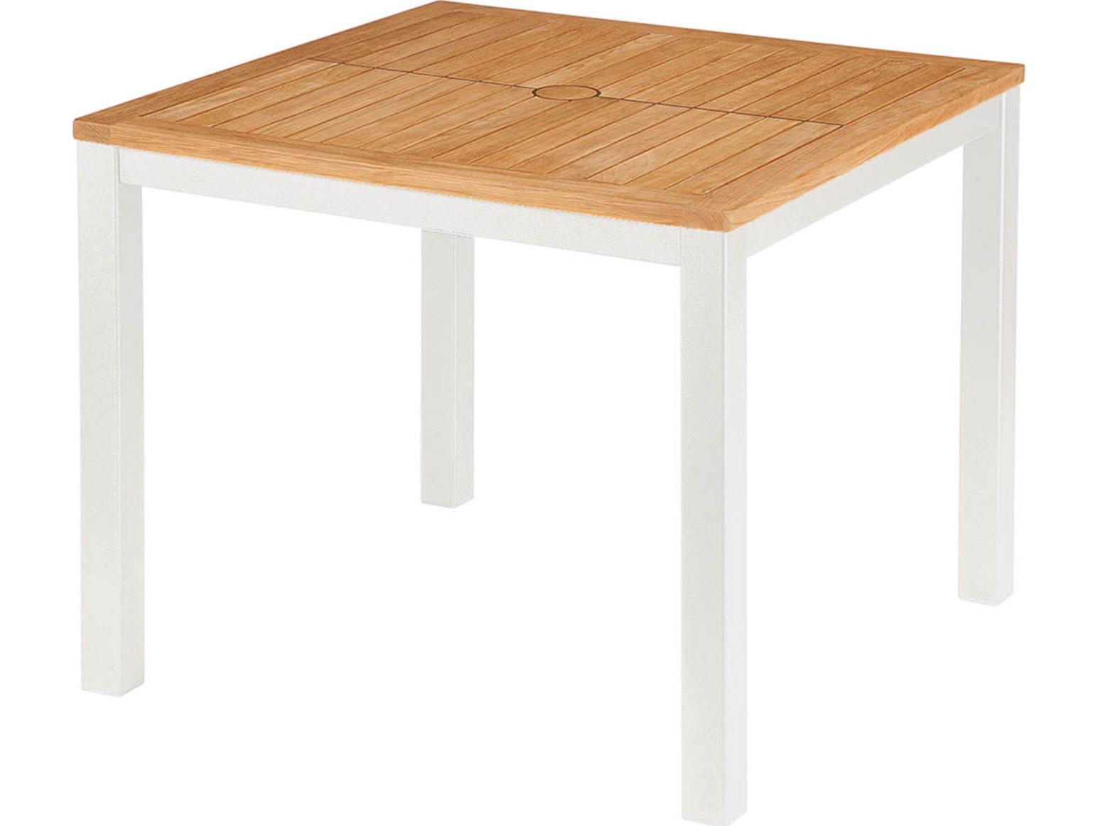 Barlow Tyrie Aura Square Dining Table Arctic White Powder-Coated Aluminum Natural Teak