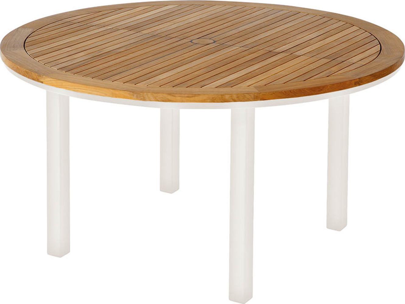 Barlow Tyrie Aura Round Dining Table Arctic White Powder-Coated Aluminum Natural Teak