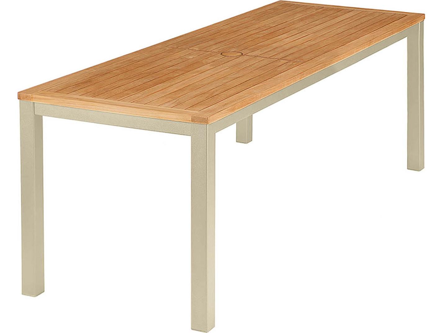 Barlow Tyrie Aura Narrow Dining Table Champagne Powder-Coated Aluminum Natural Teak 79"W x 28"D x 29"H