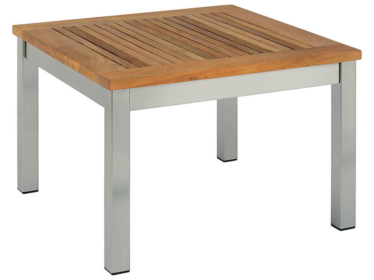 Barlow Tyrie Equinox Side Table - Silver Stainless Steel Frame - Natural Teak Top - 23" Wide