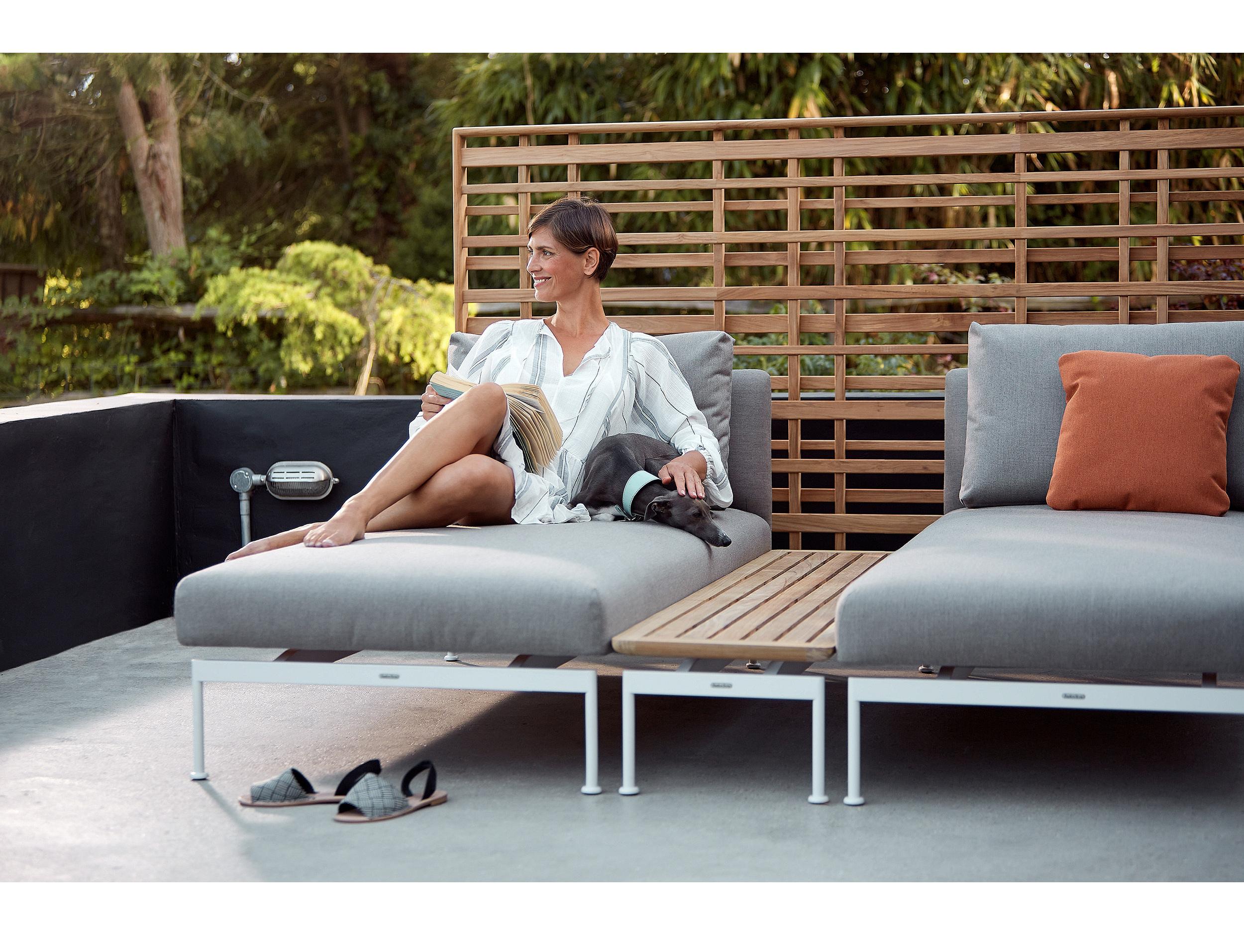 Barlow Tyrie Layout Narrow Console Table Arctic White Powder-Coated Stainless Steel Natural Teak