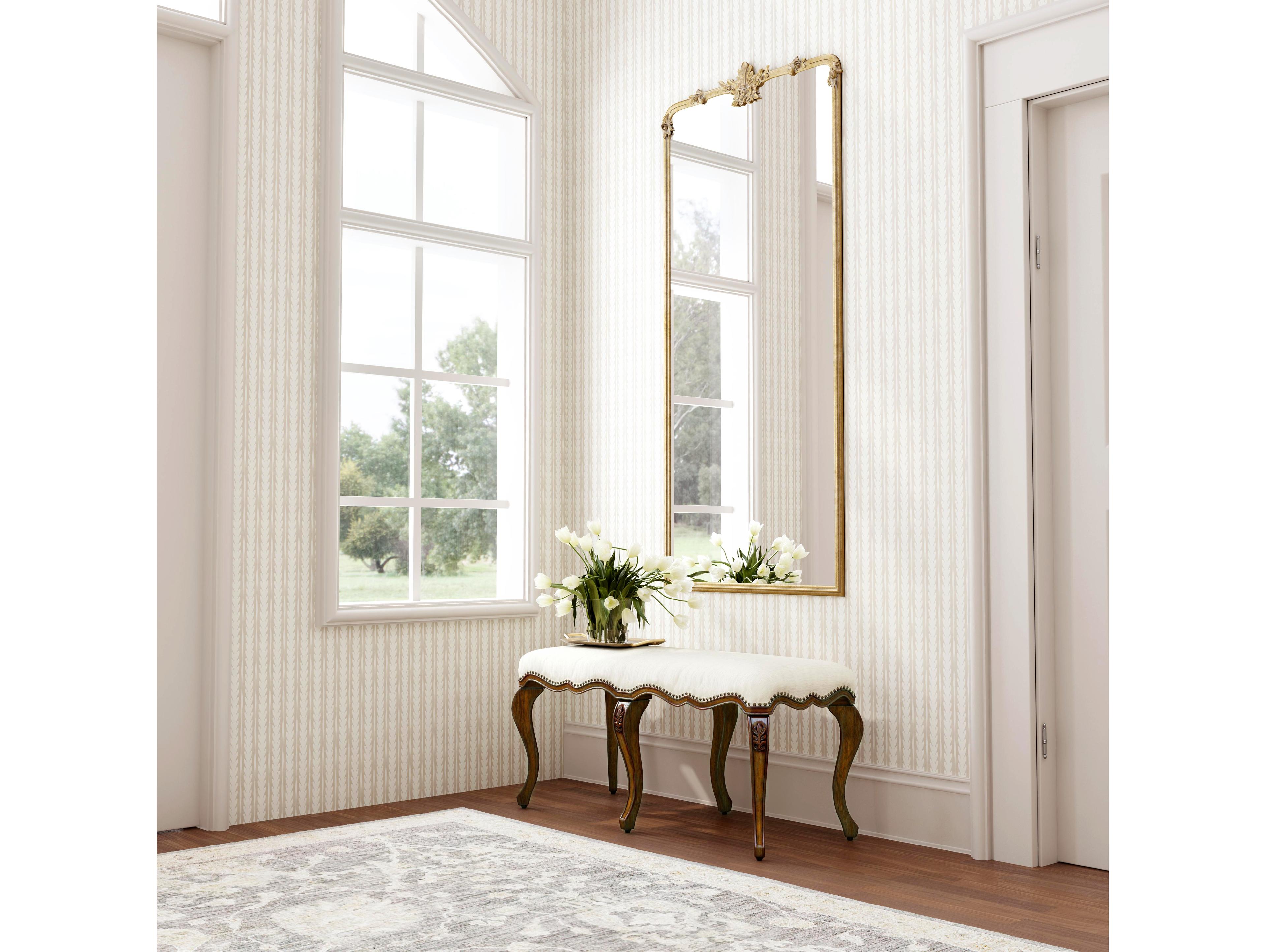 Butler Michelline Antique Cherry Beige Upholstered Accent Bench