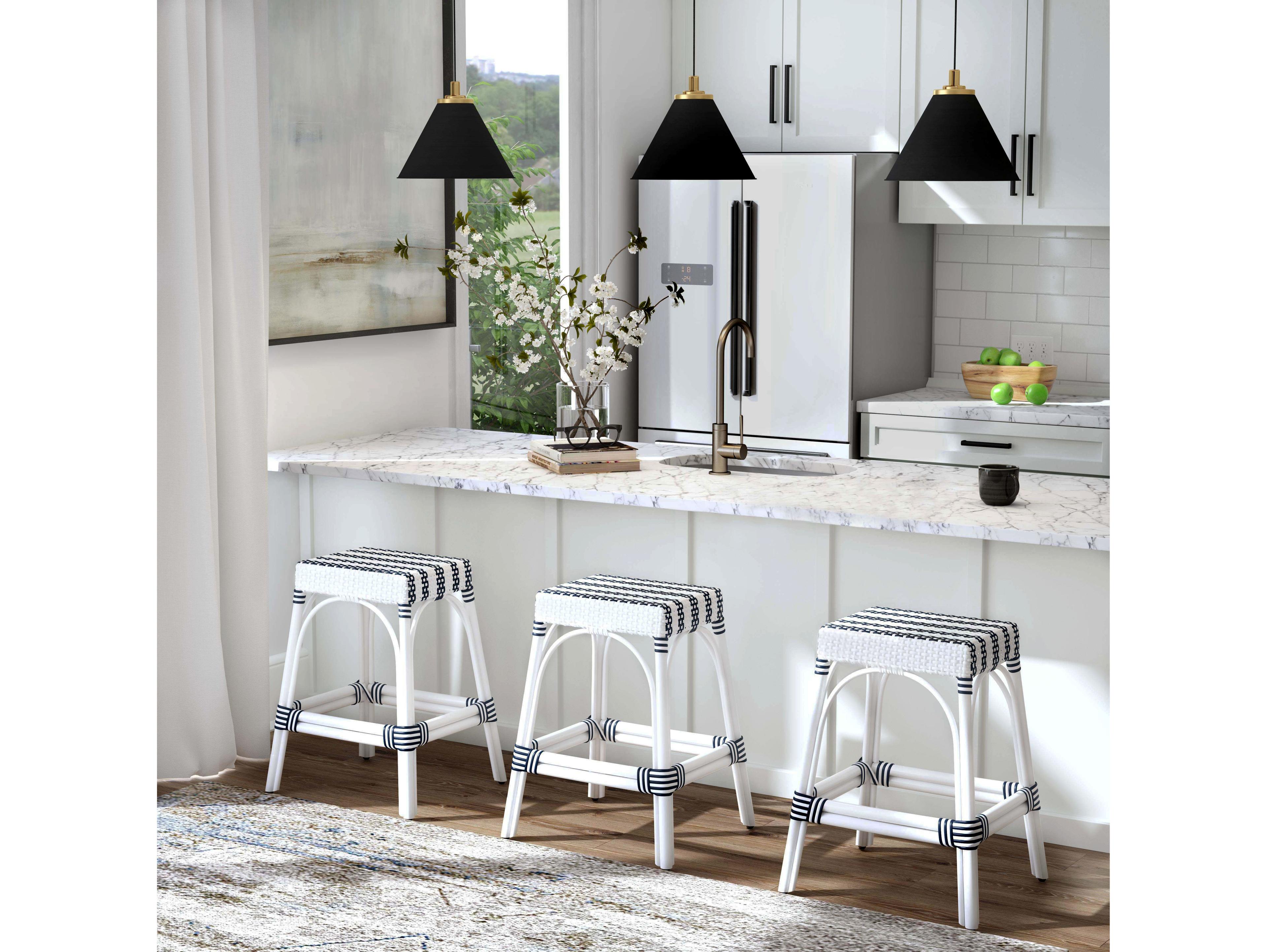 Butler Robias White navy Stripe Rattan Frame Counter Stool