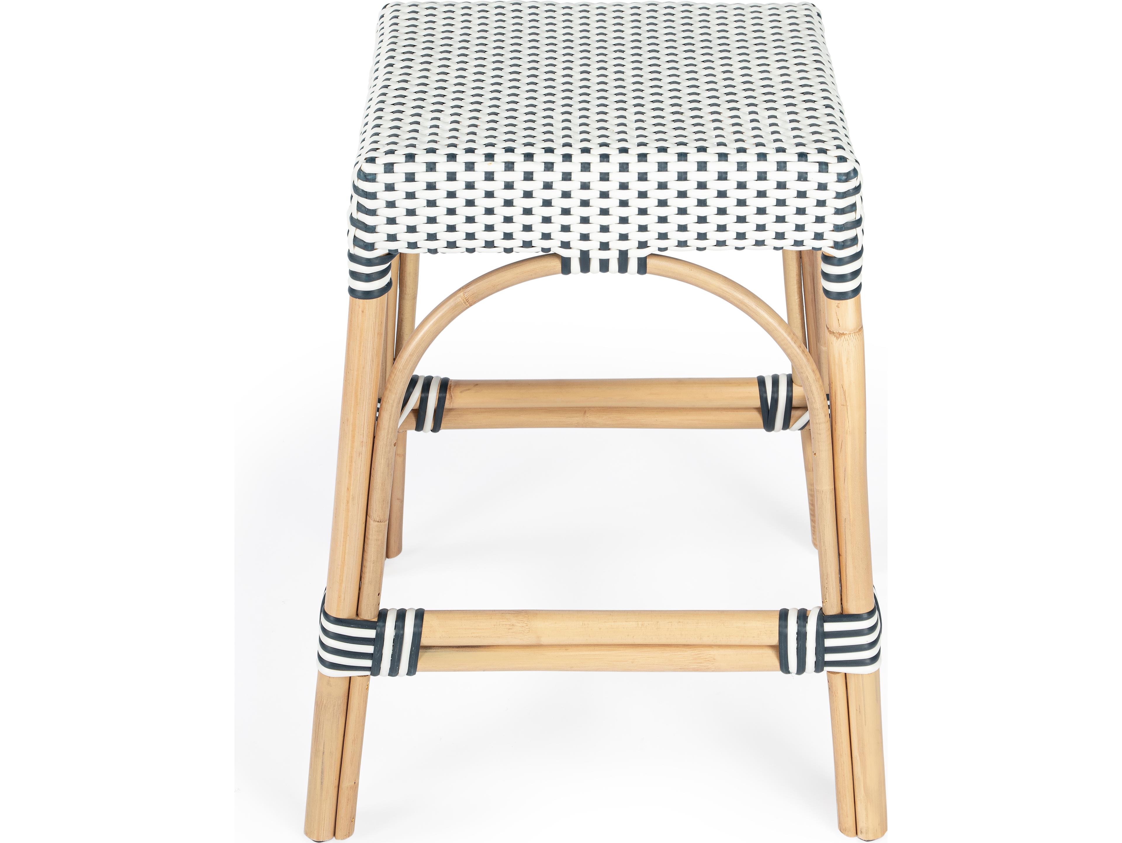 Butler Robias White navy Dot Natural Rattan Frame Counter Stool
