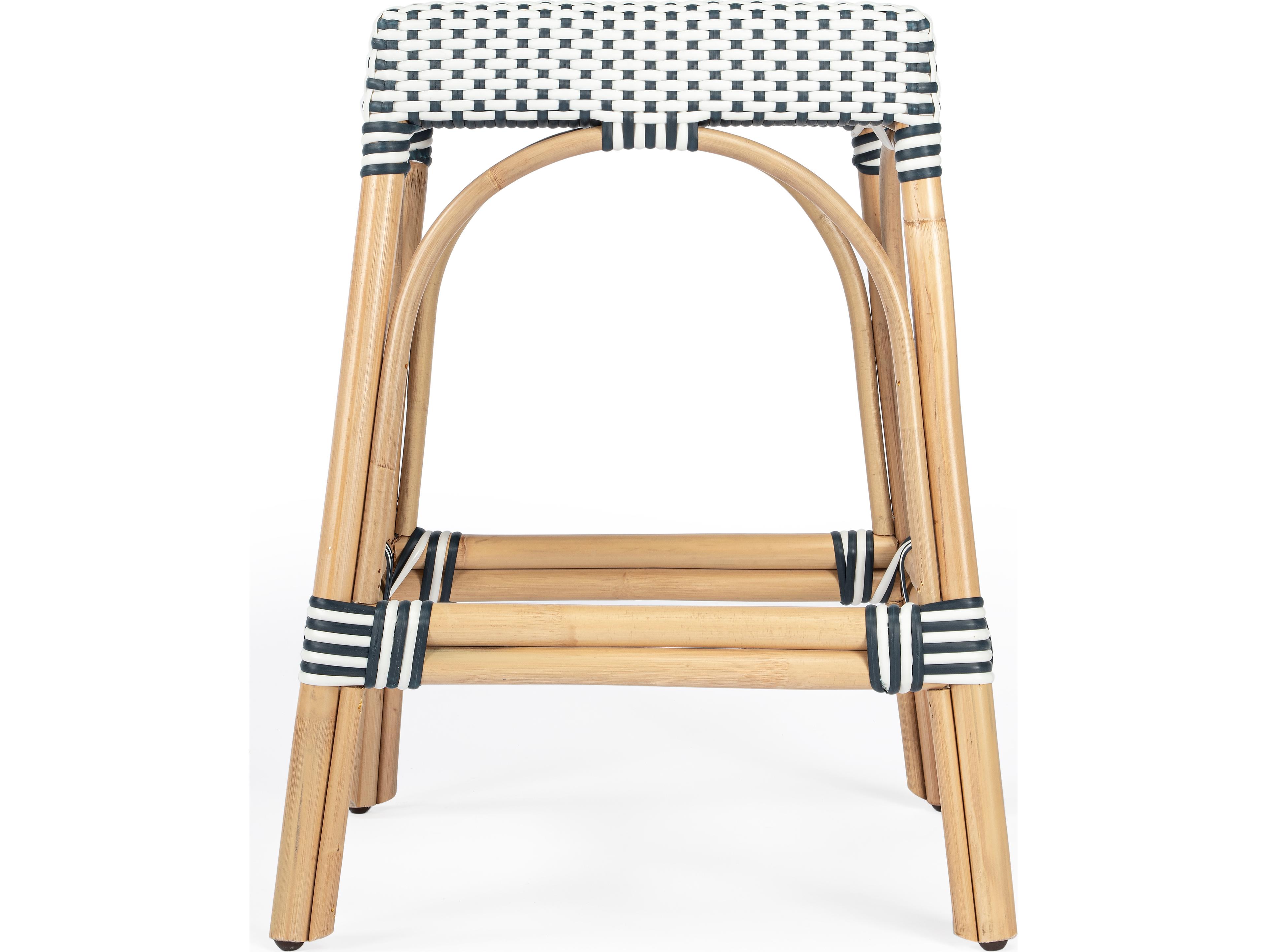 Butler Robias White navy Dot Natural Rattan Frame Counter Stool