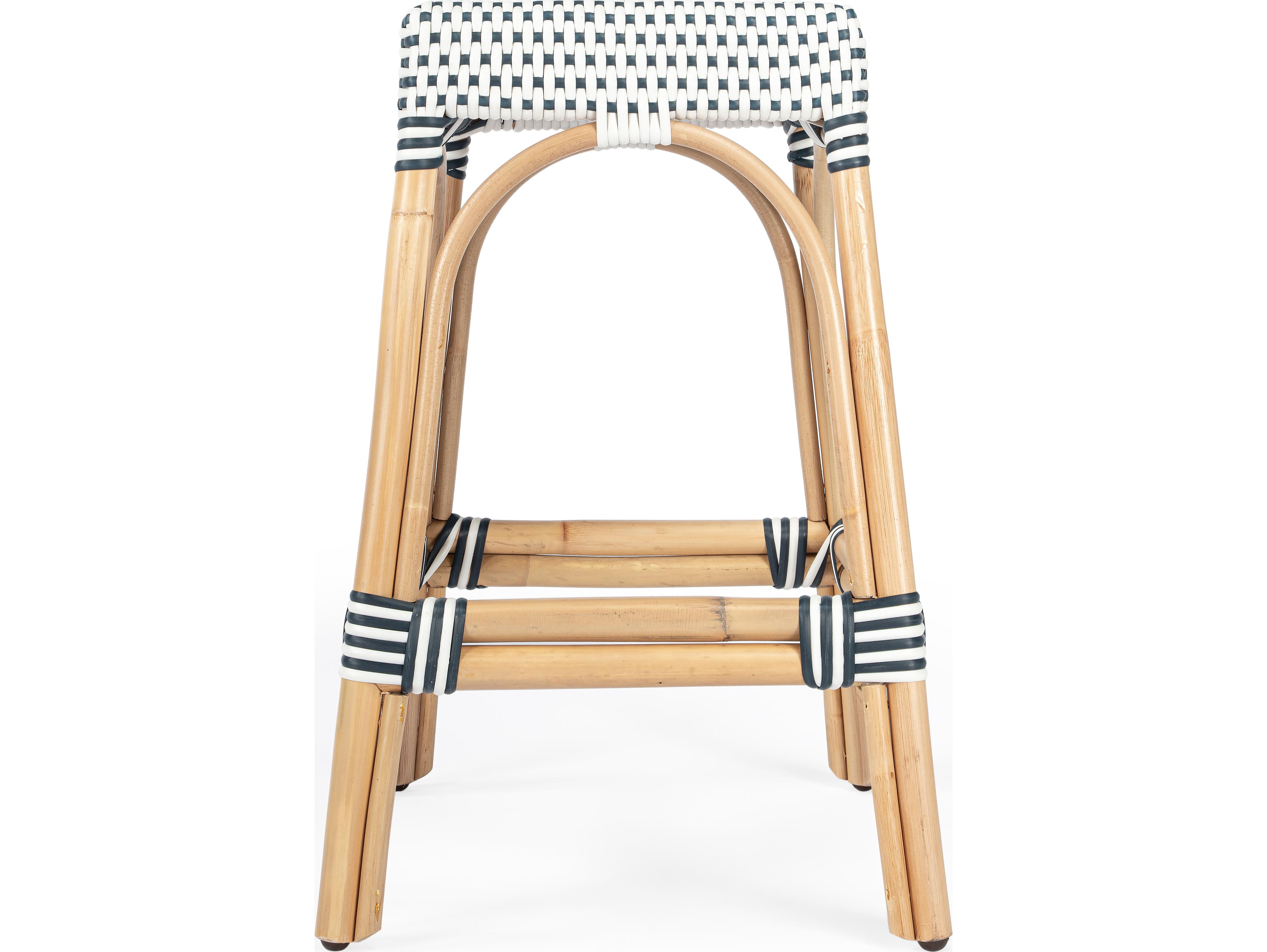 Butler Robias White navy Dot Natural Rattan Frame Counter Stool