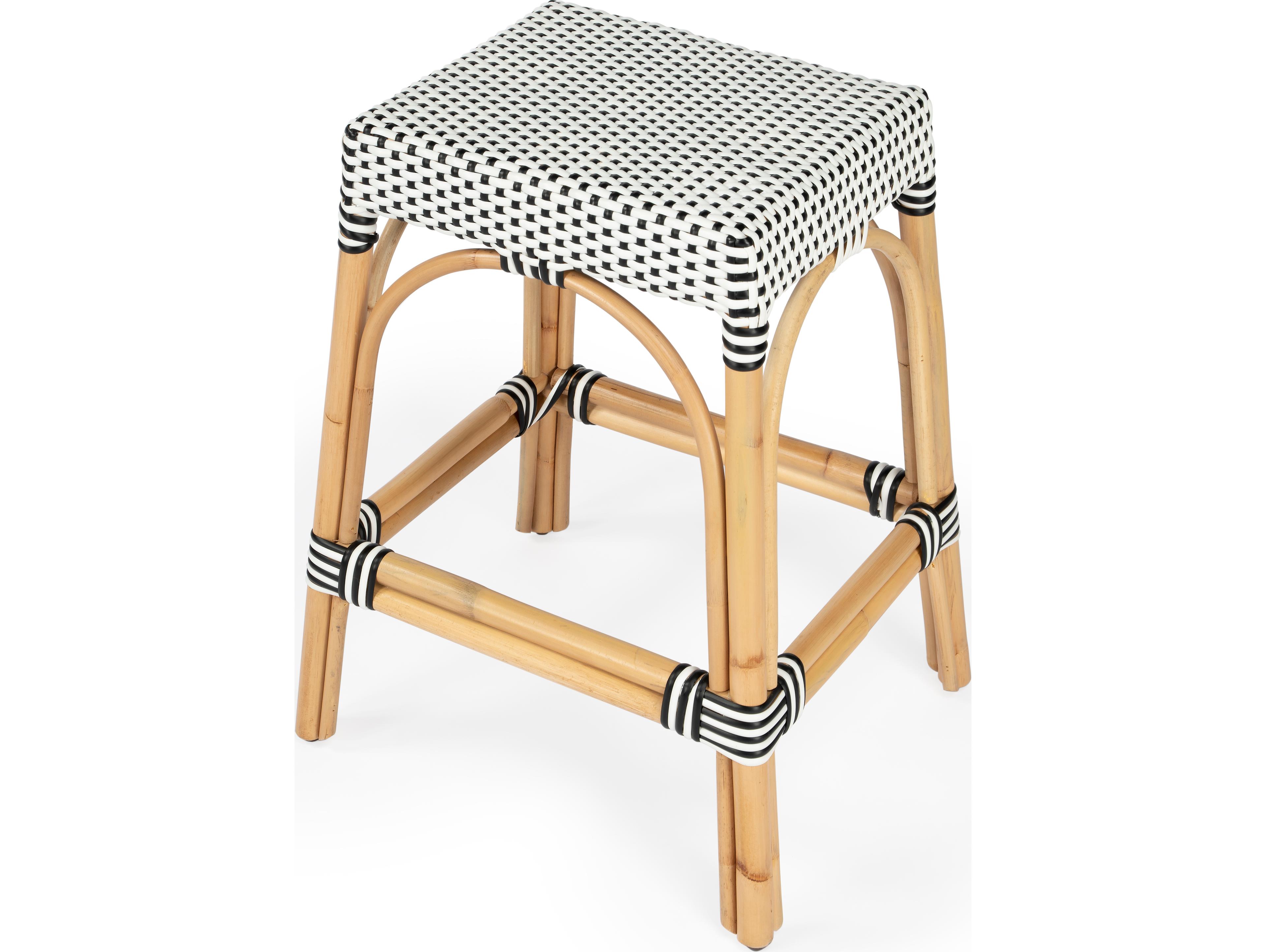 Butler Robias White black Dot Natural Rattan Frame Counter Stool
