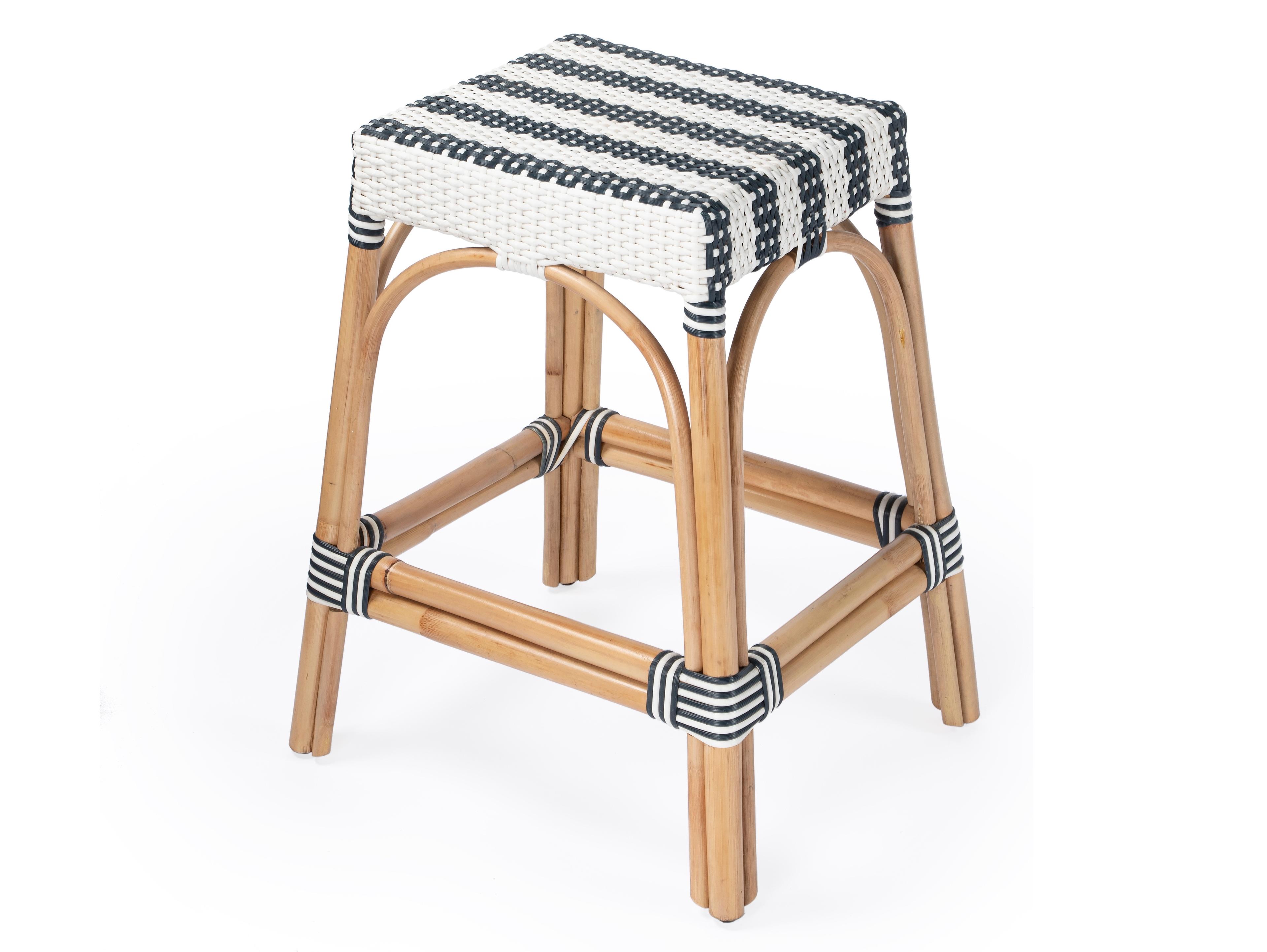 Butler Robias White navy Stripe Natural Rattan Frame Counter Stool