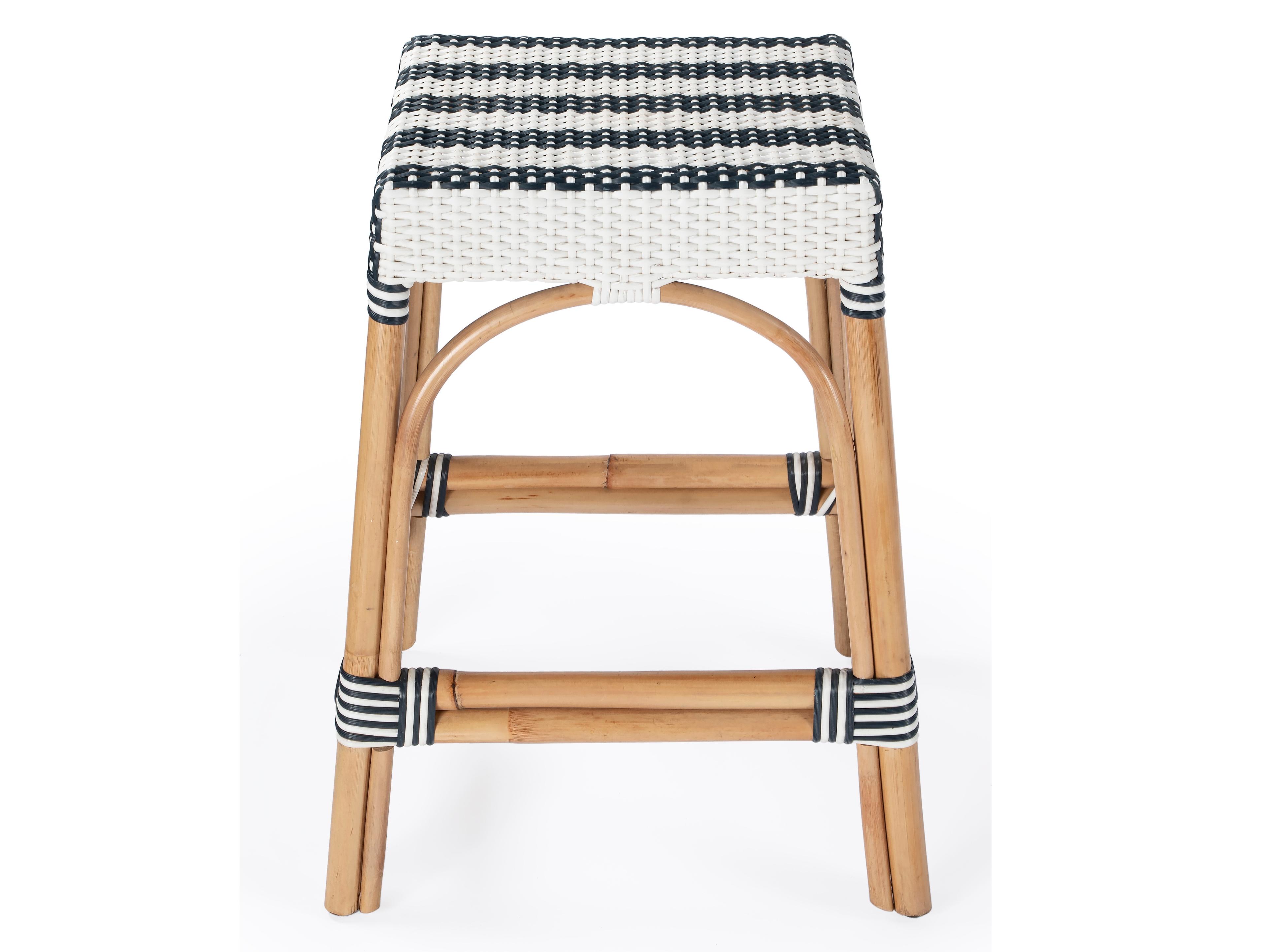 Butler Robias White navy Stripe Natural Rattan Frame Counter Stool