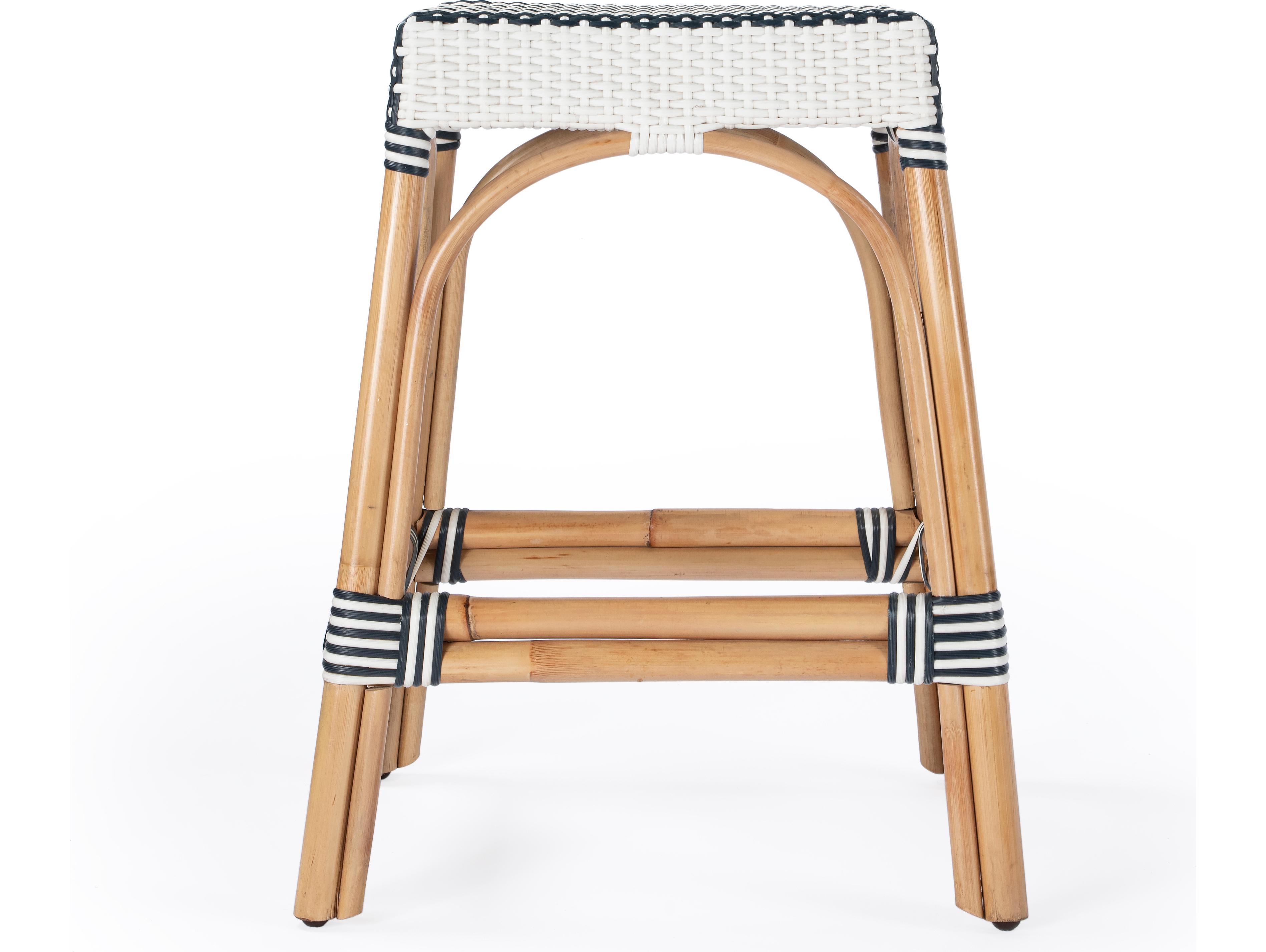 Butler Robias White navy Stripe Natural Rattan Frame Counter Stool
