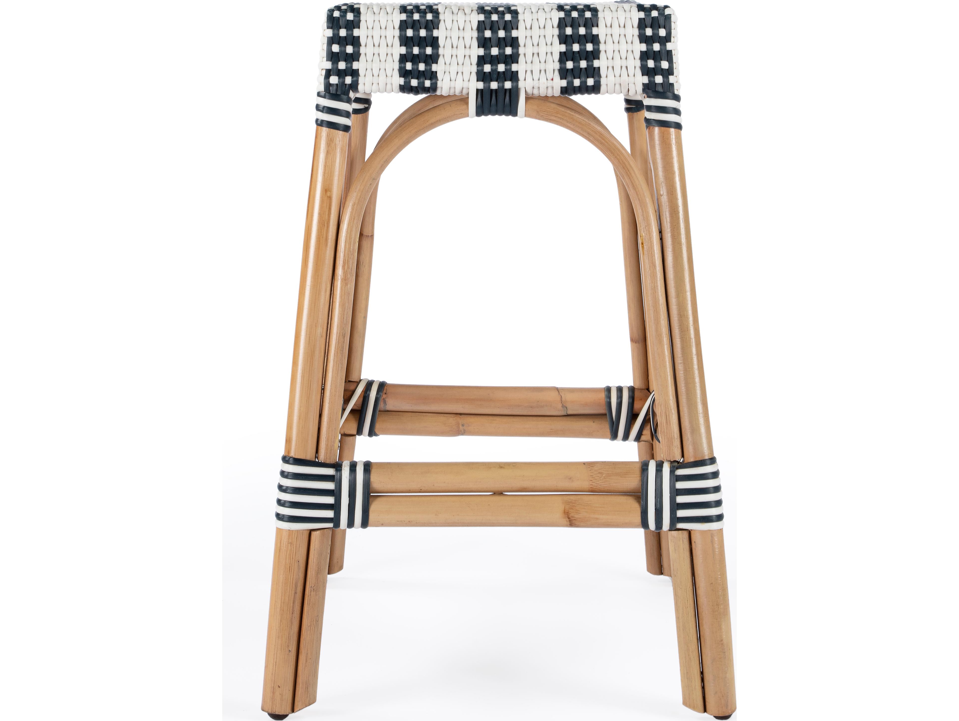 Butler Robias White navy Stripe Natural Rattan Frame Counter Stool