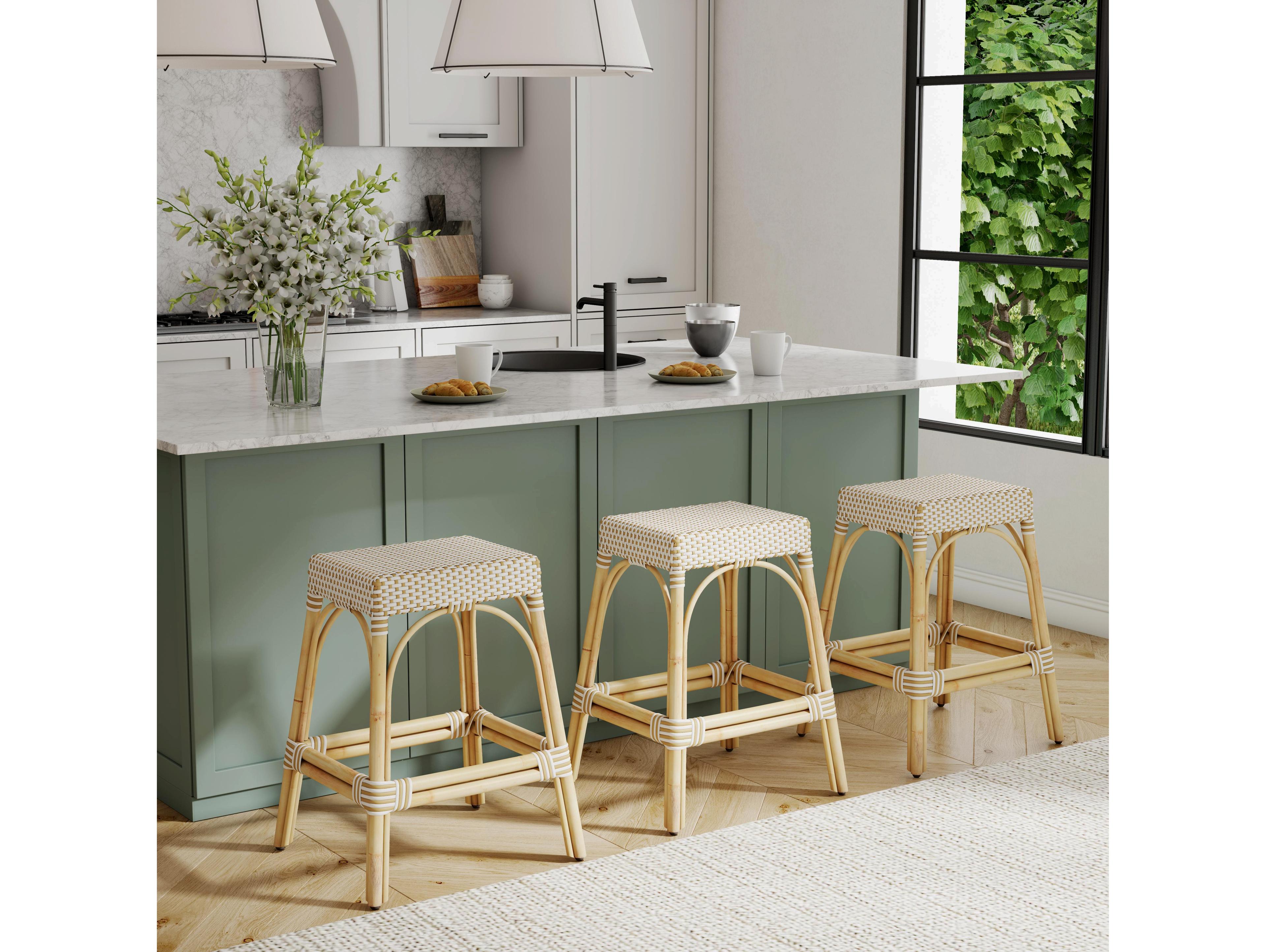 Butler Robias White tan Dot Natural Rattan Frame Counter Stool