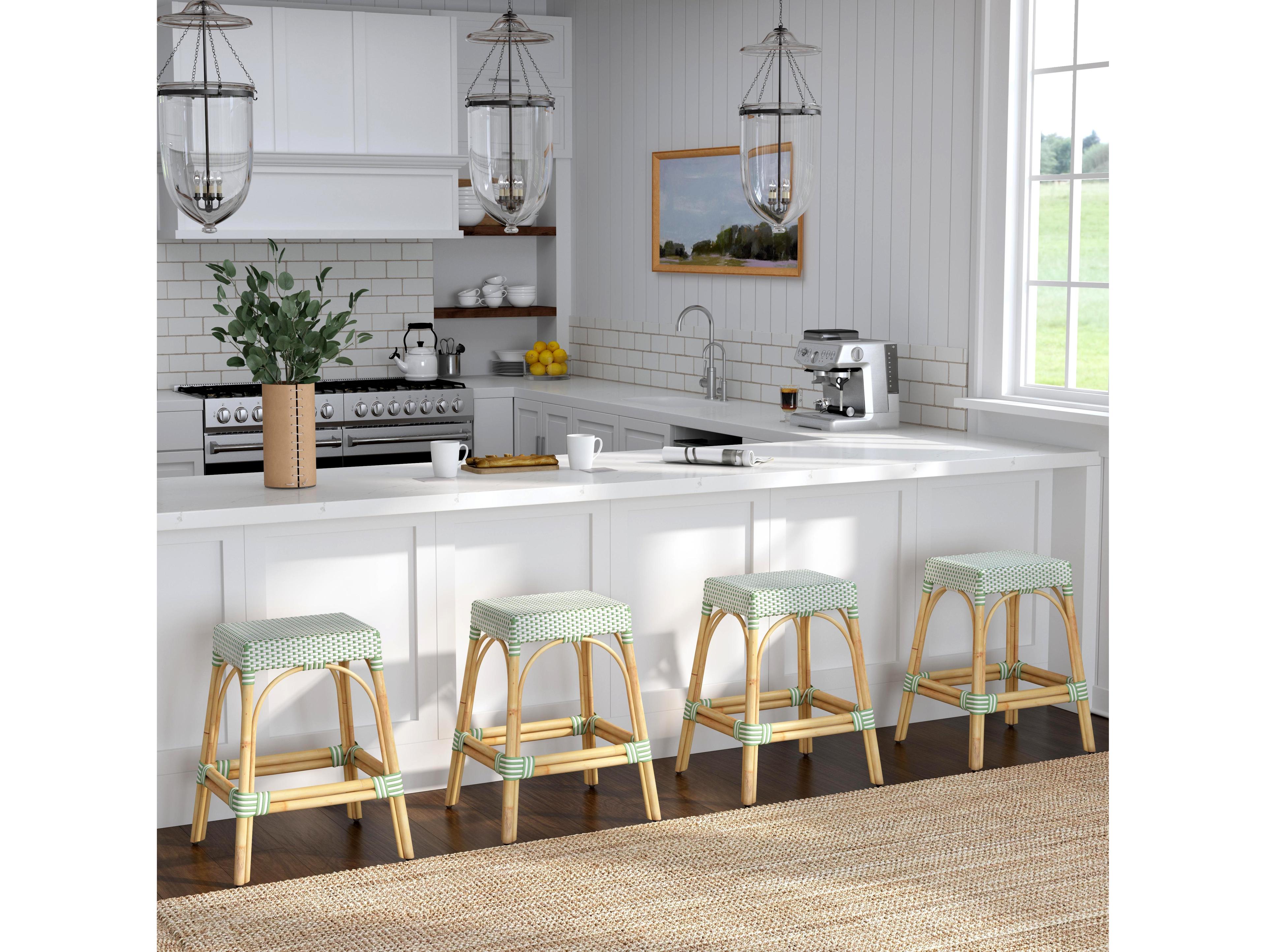 Butler Robias White green Dot Natural Rattan Frame Counter Stool