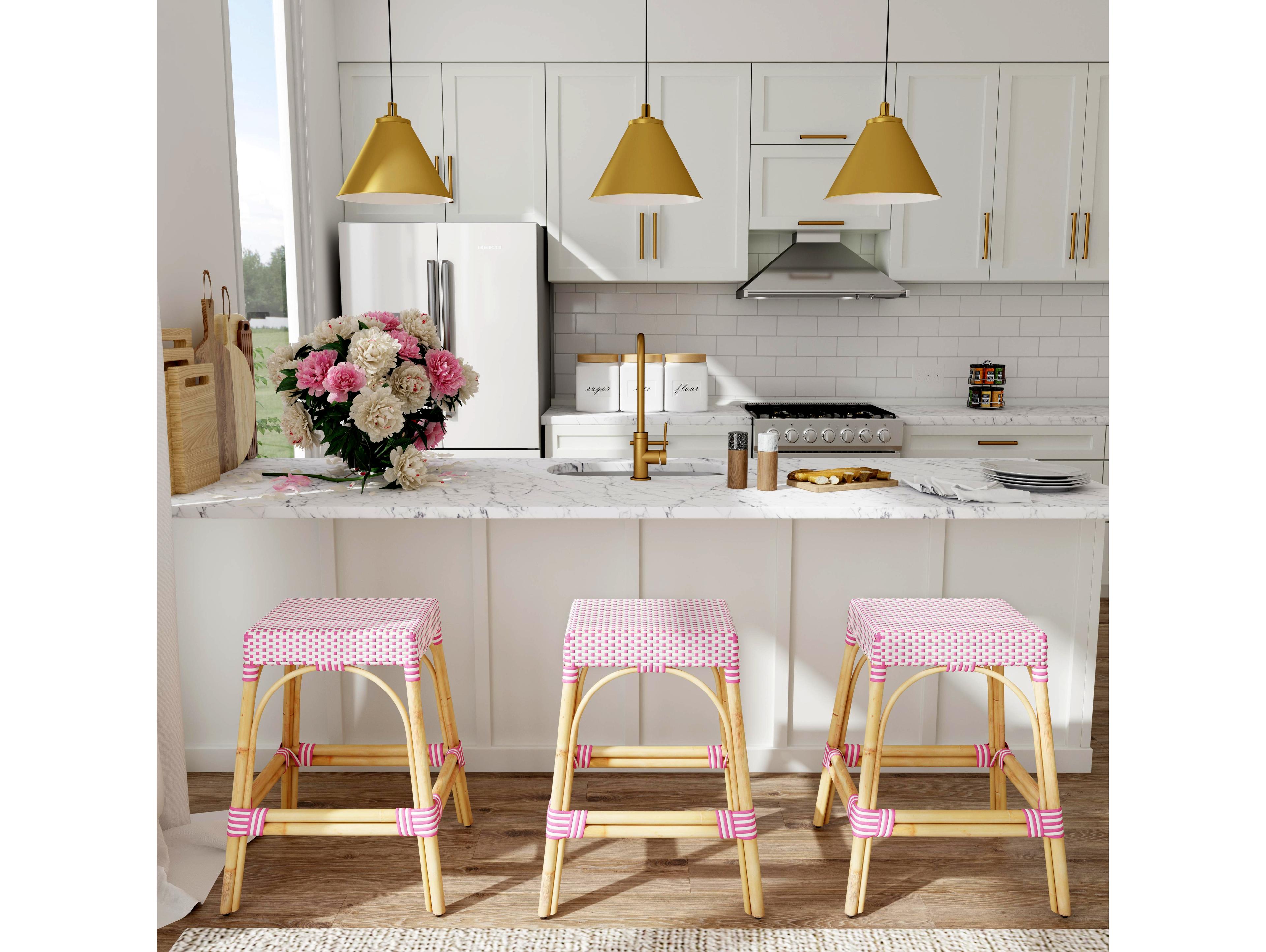 Butler Robias White pink Dot Natural Rattan Frame Counter Stool