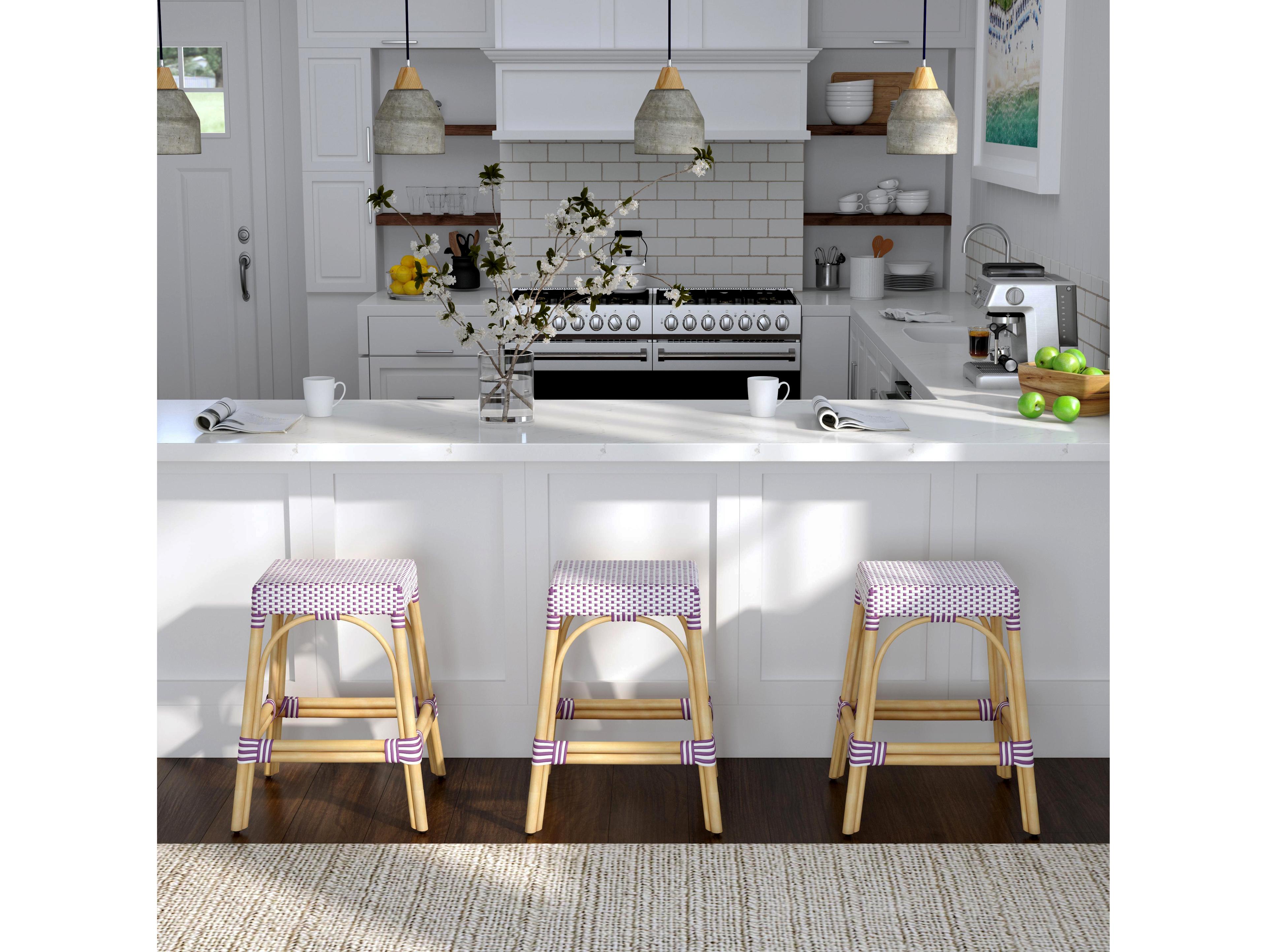 Butler Robias White purple Dot Natural Rattan Frame Counter Stool