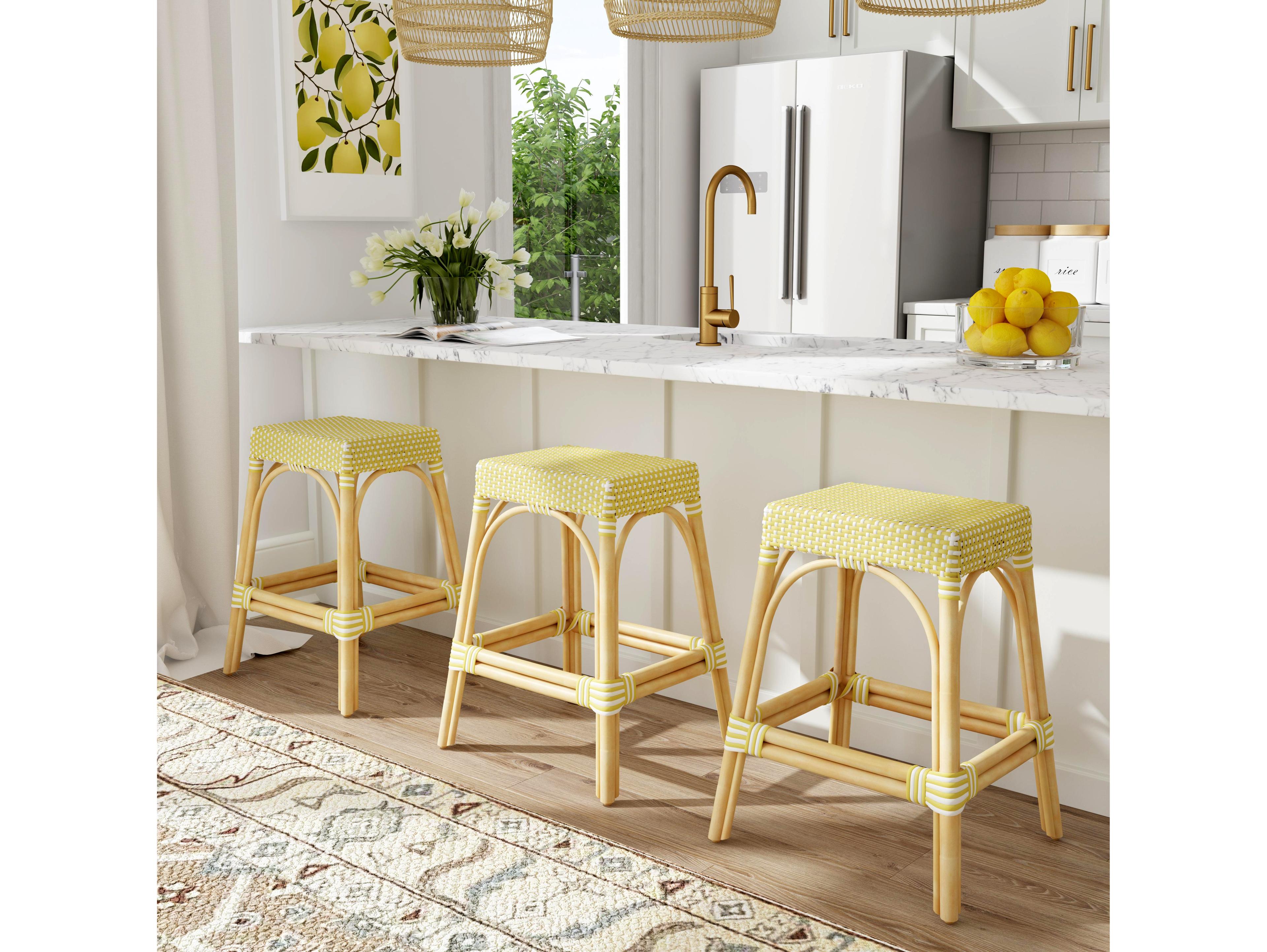 Butler Robias Yellow white Dot Natural Rattan Frame Counter Stool