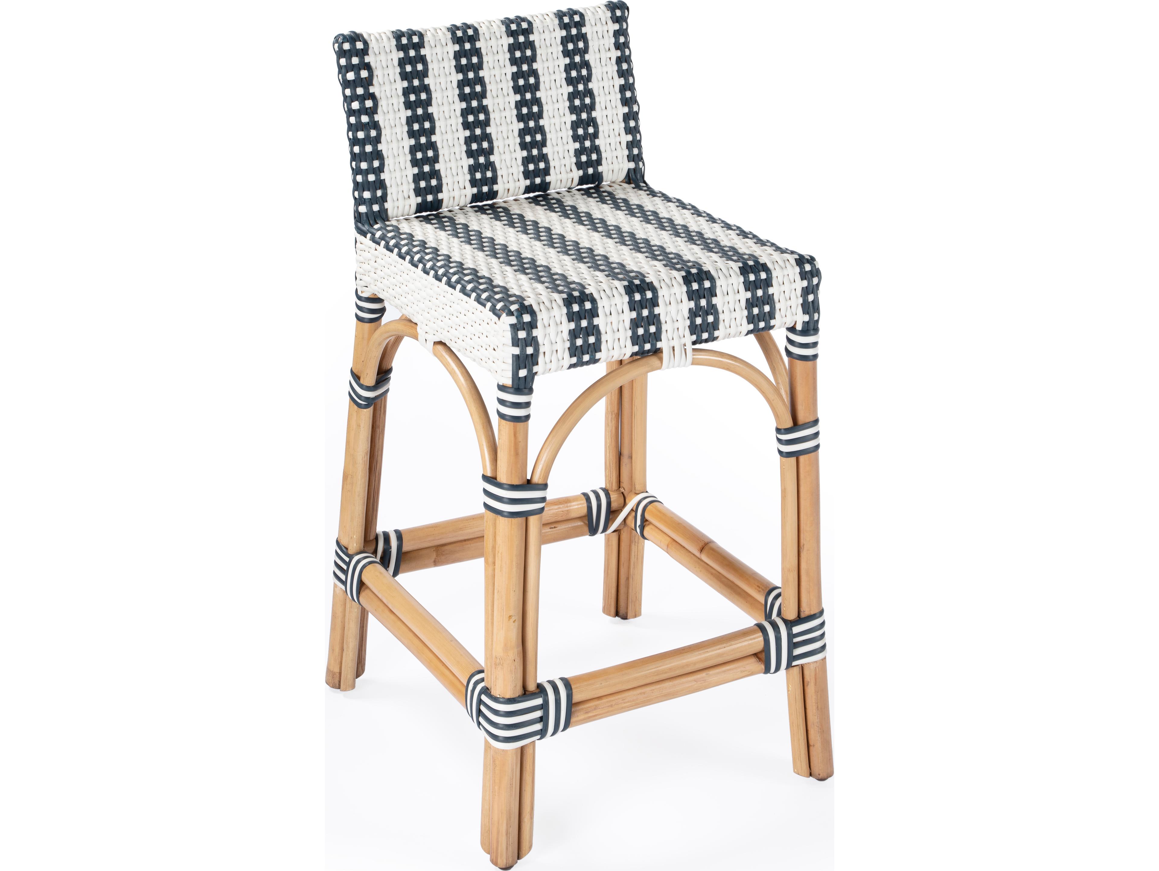 Butler Serienna White navy Stripe Natural Rattan Frame Counter Stool