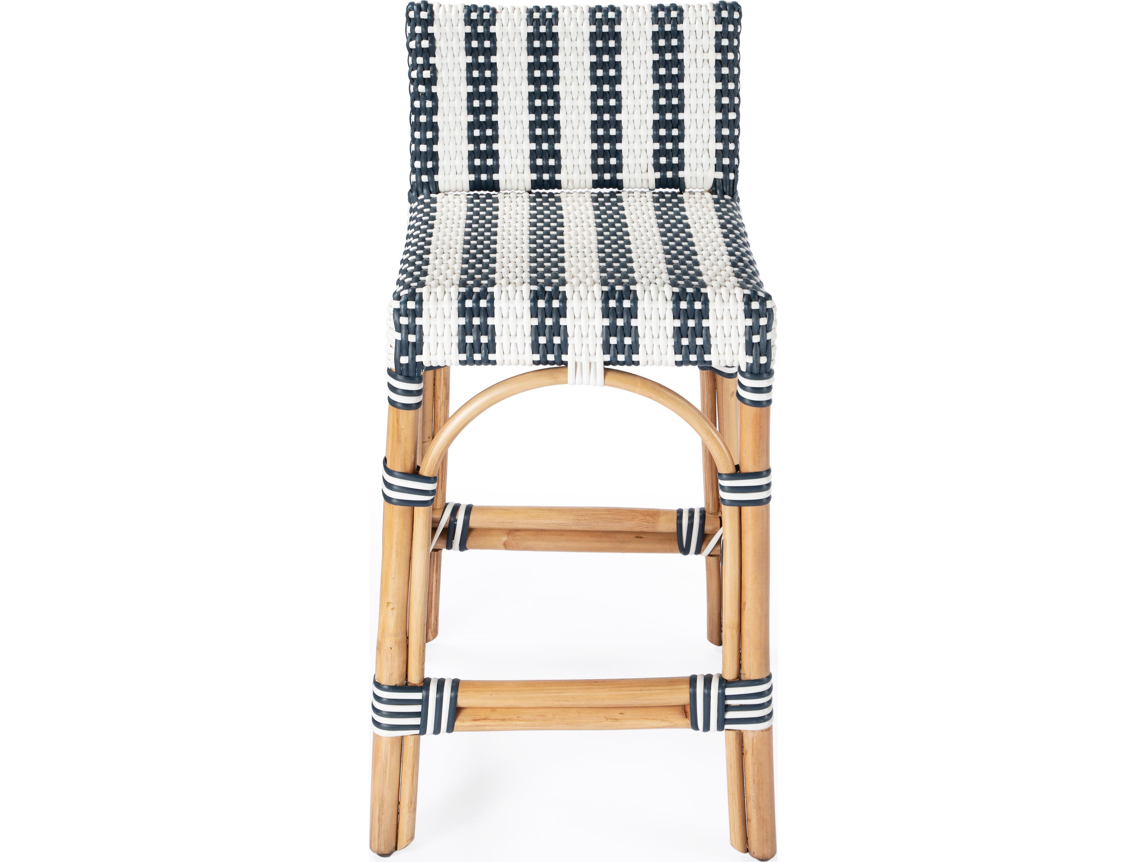 Butler Serienna White navy Stripe Natural Rattan Frame Counter Stool