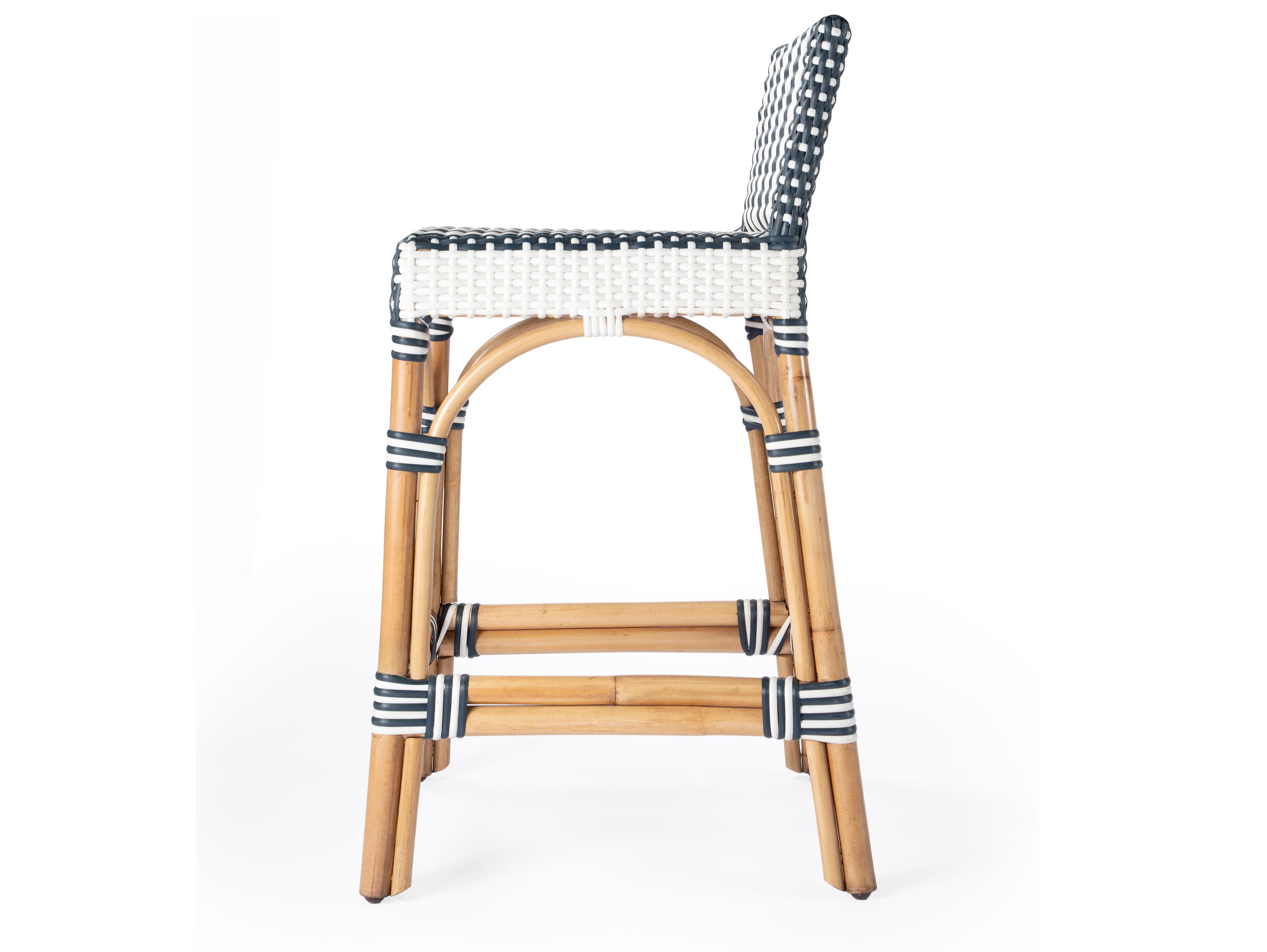 Butler Serienna White navy Stripe Natural Rattan Frame Counter Stool