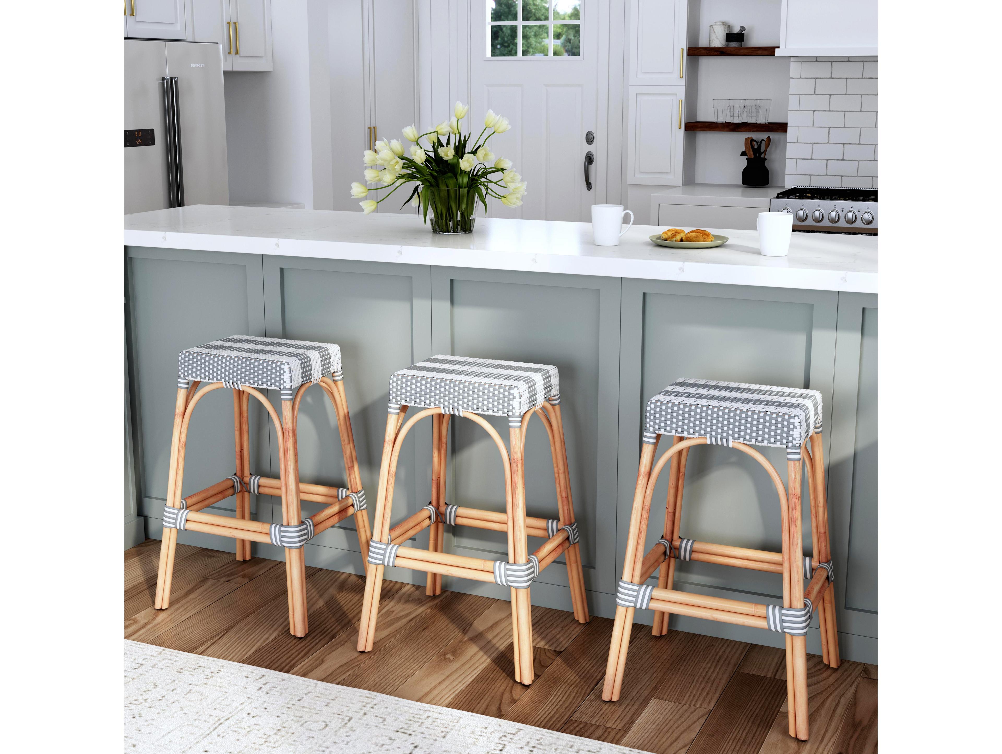 Butler Robias Gray white Stripe Natural Rattan Frame Bar Stool