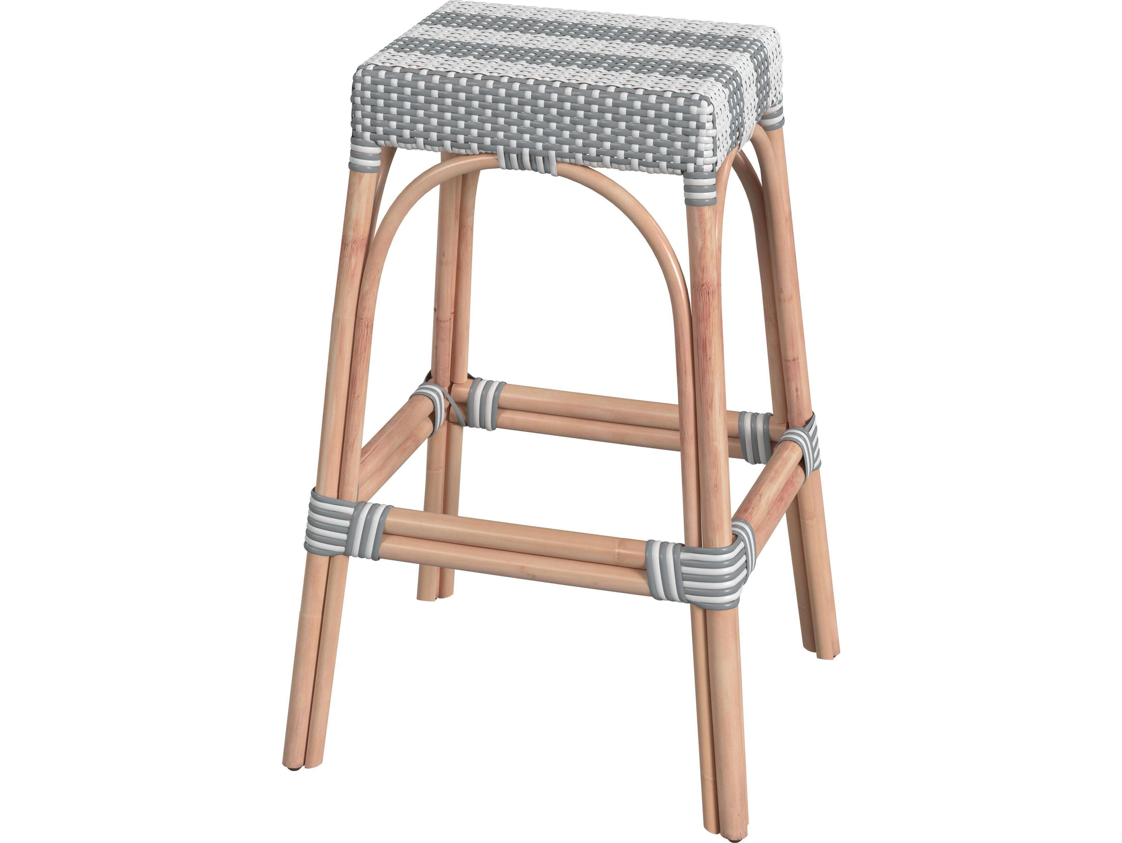Butler Robias Gray white Stripe Natural Rattan Frame Bar Stool