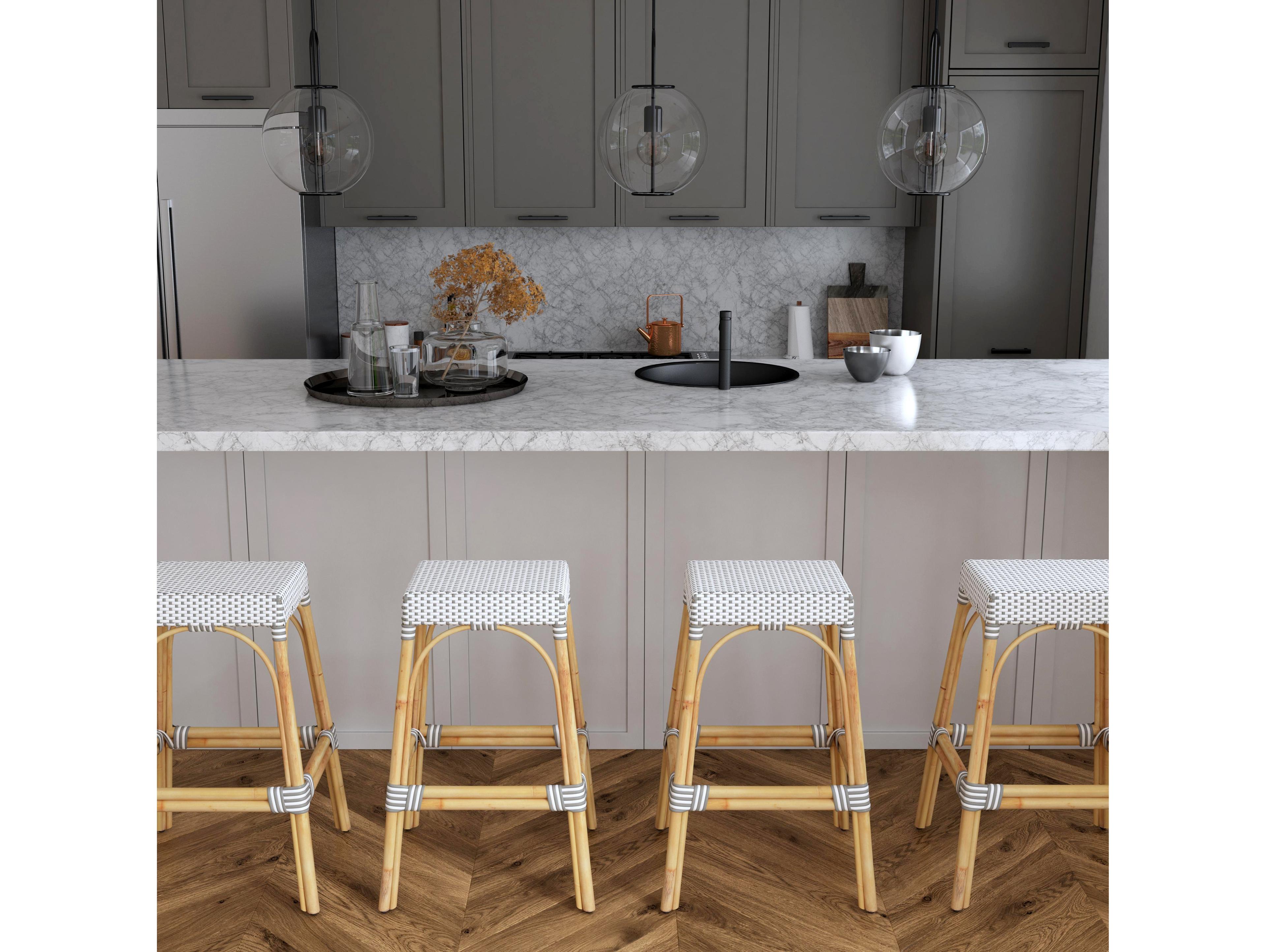 Butler Robias Gray white Dot Natural Rattan Frame Bar Stool