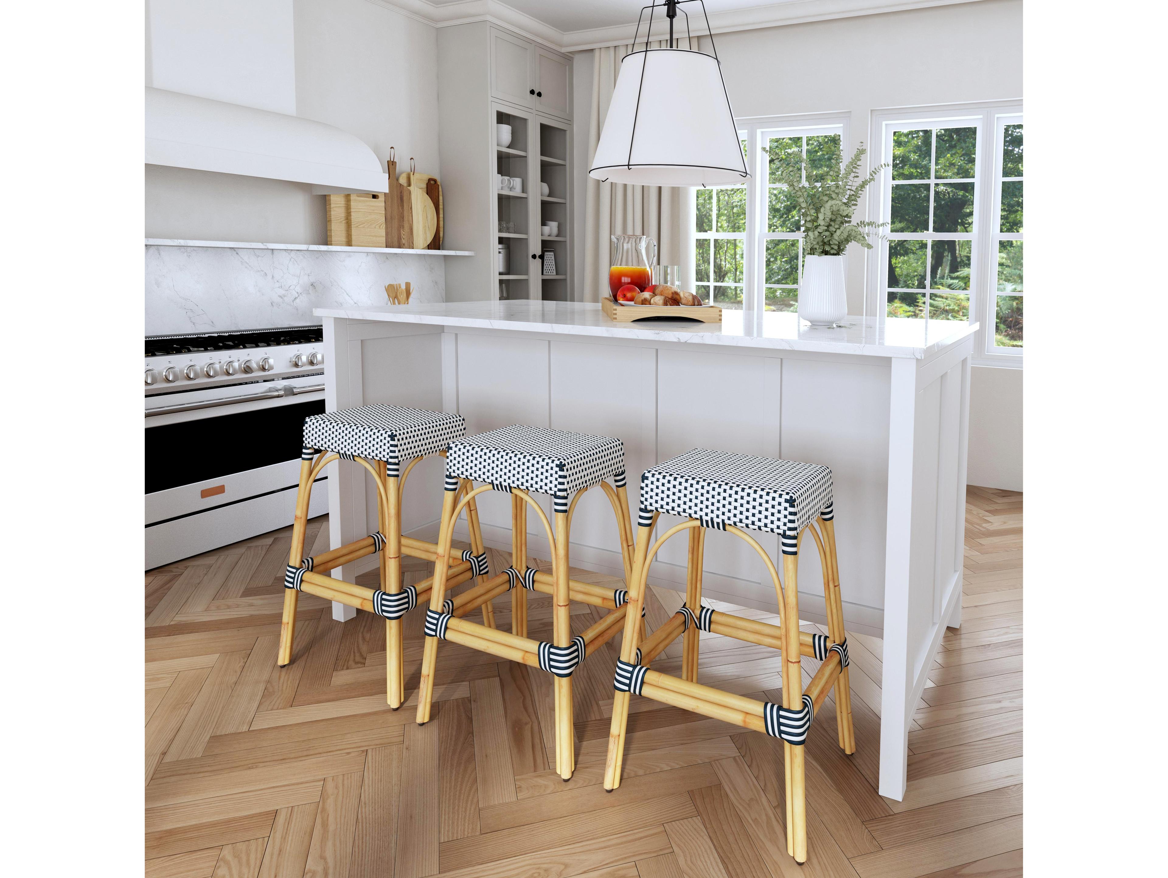 Butler Robias White navy Stripe Natural Rattan Frame Blue Bar Stool