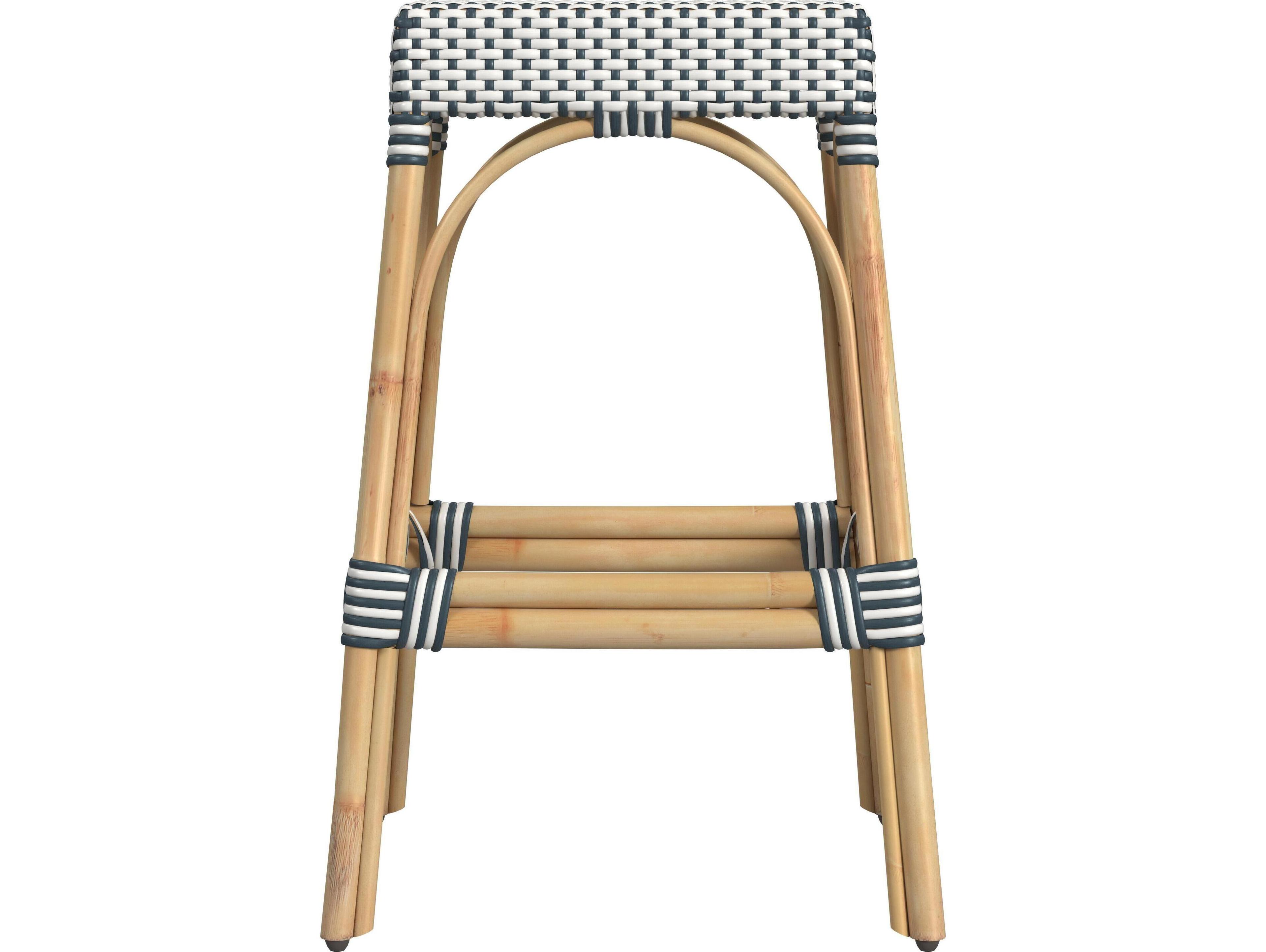 Butler Robias White navy Stripe Natural Rattan Frame Blue Bar Stool