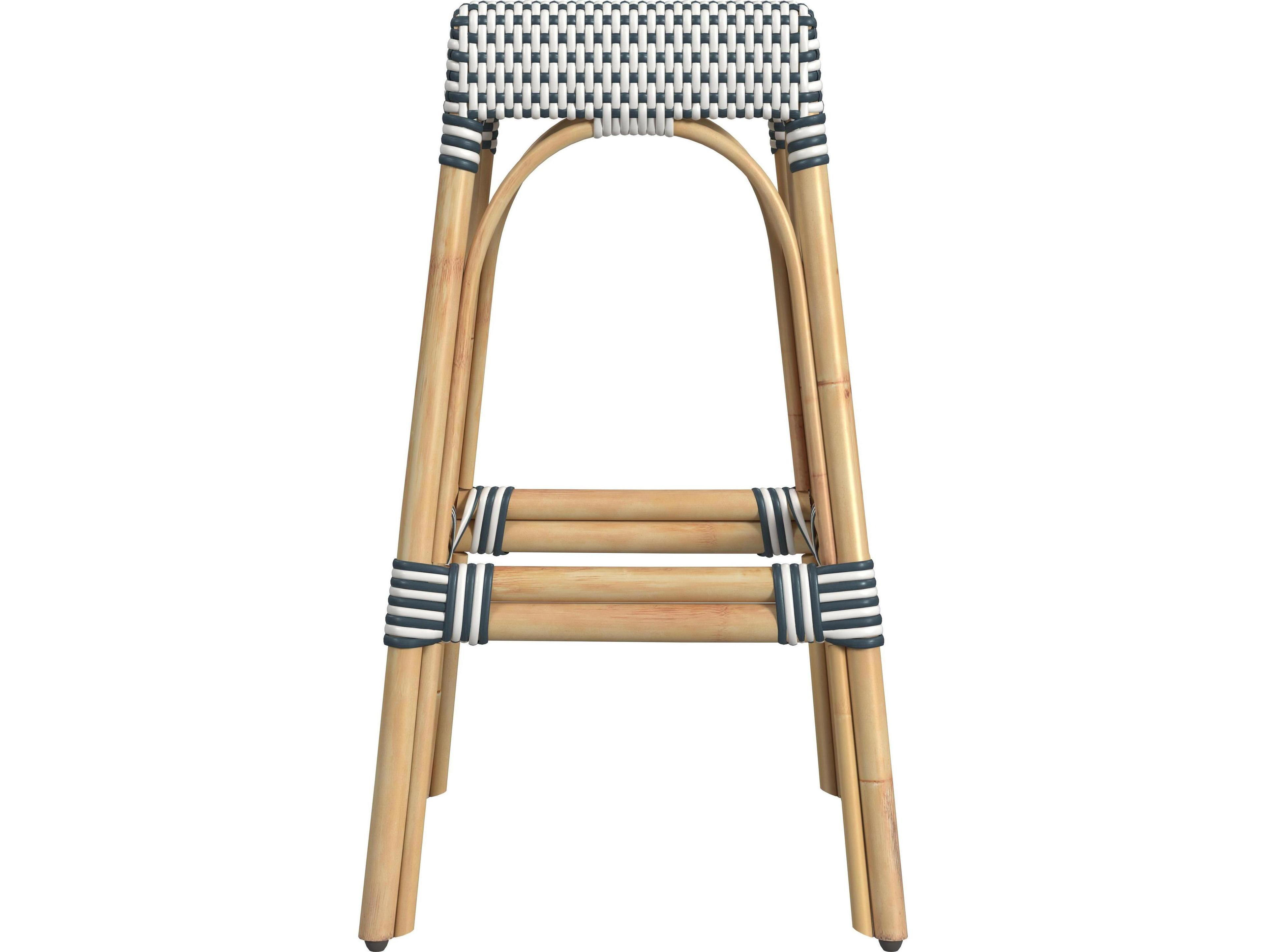 Butler Robias White navy Stripe Natural Rattan Frame Blue Bar Stool