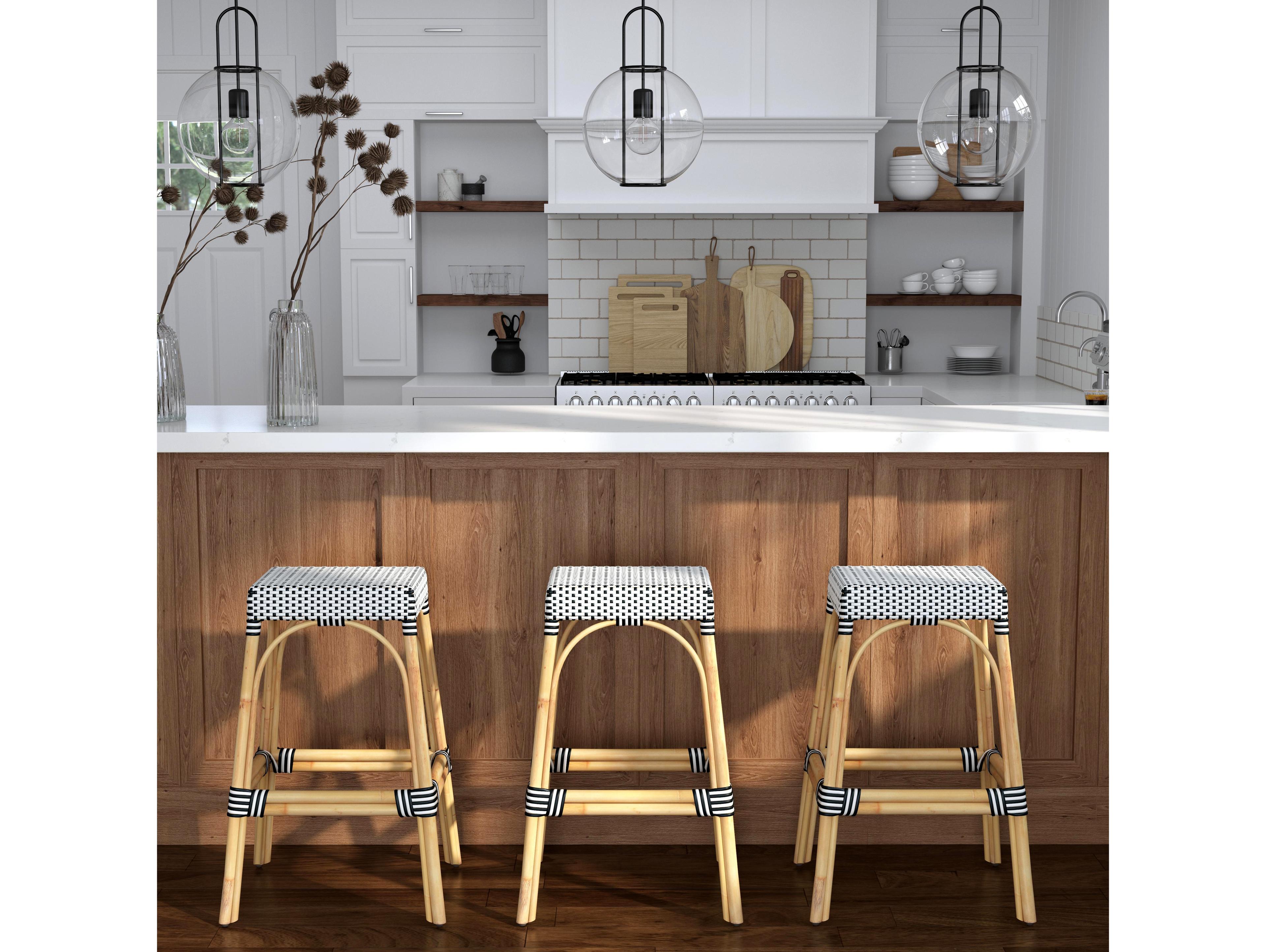 Butler Robias White black Dot Natural Rattan Frame Black And Bar Stool