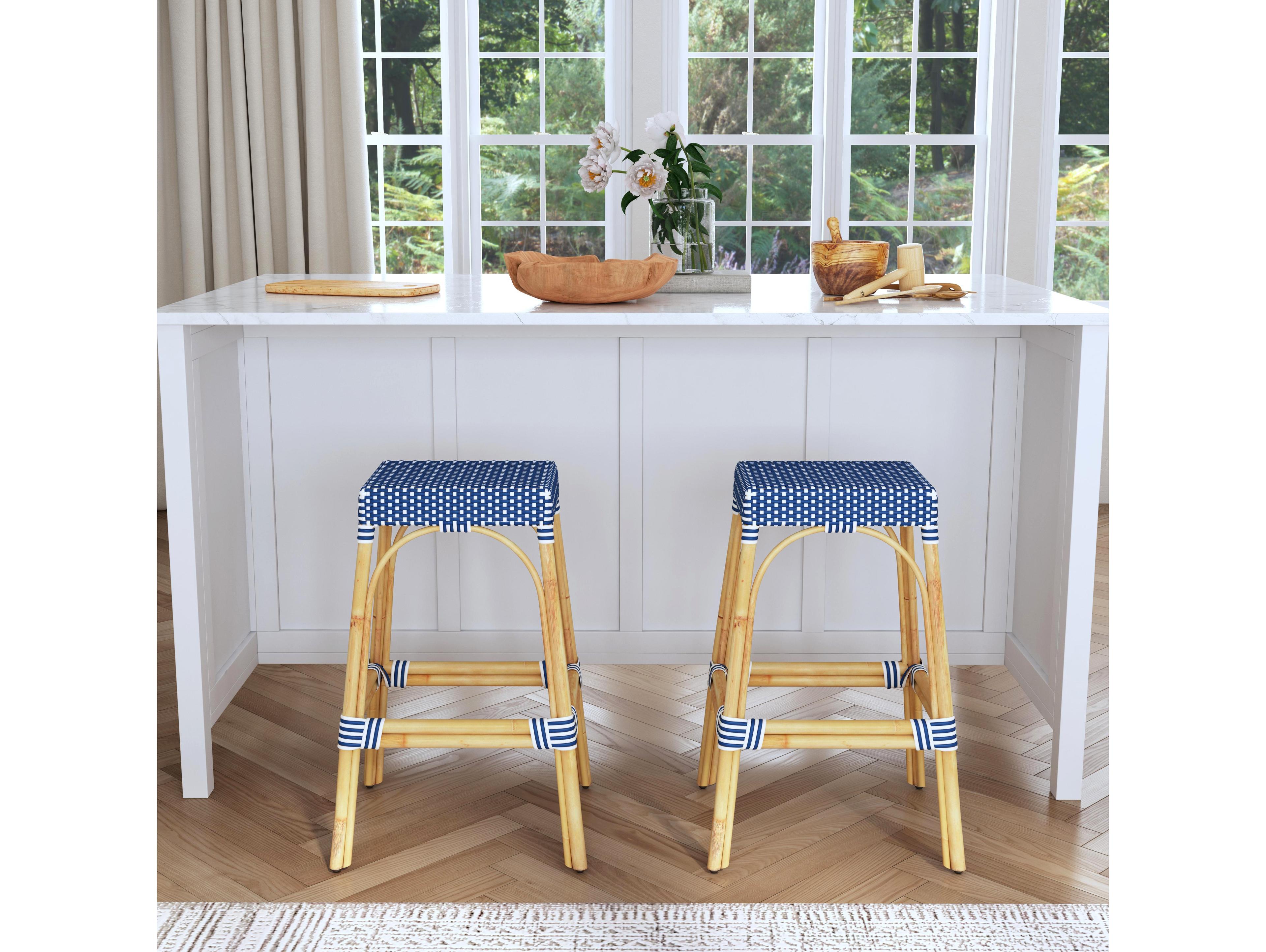 Butler Robias Blue white Dot Natural Rattan Frame Bar Stool