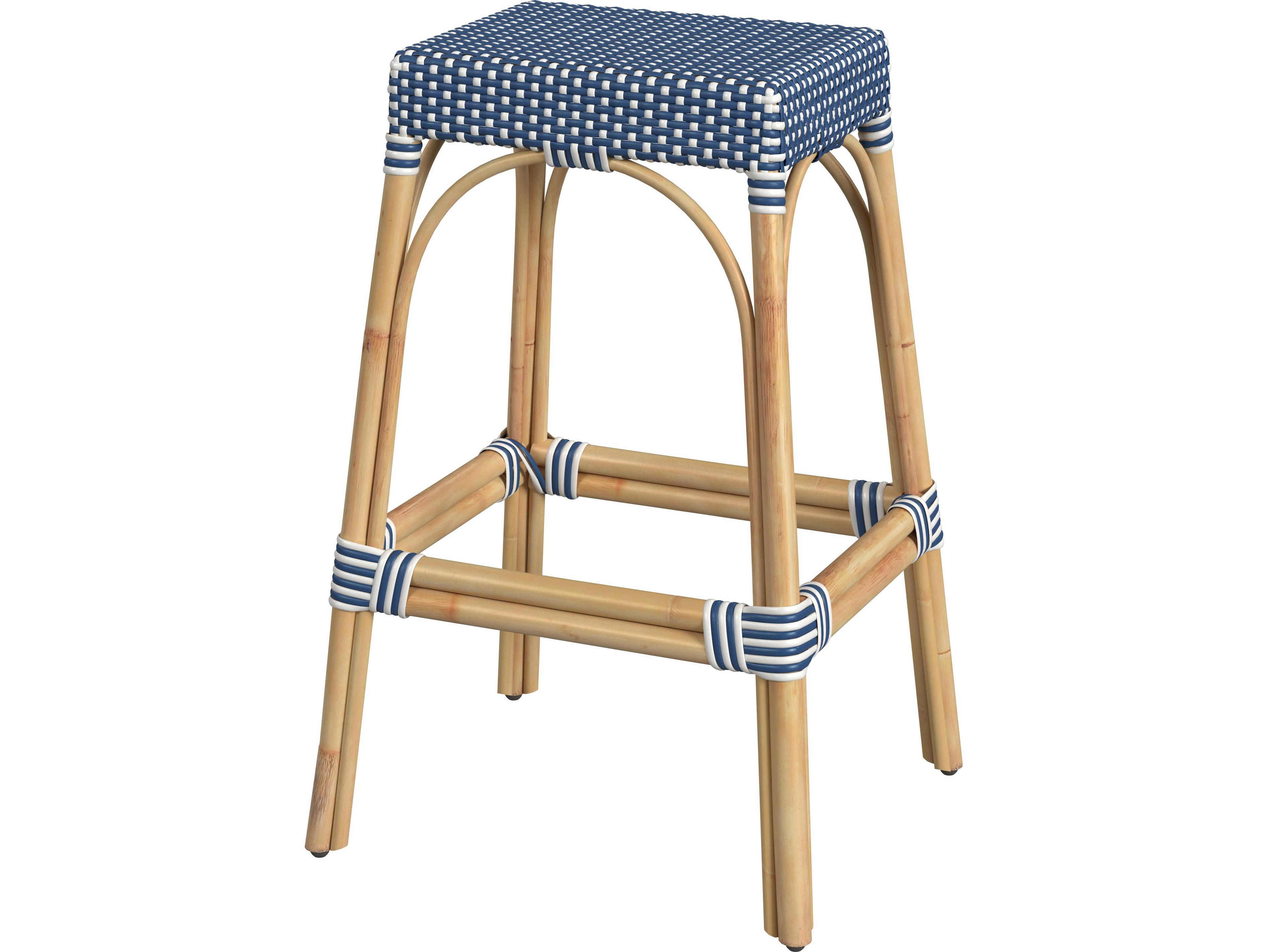 Butler Robias Blue white Dot Natural Rattan Frame Bar Stool