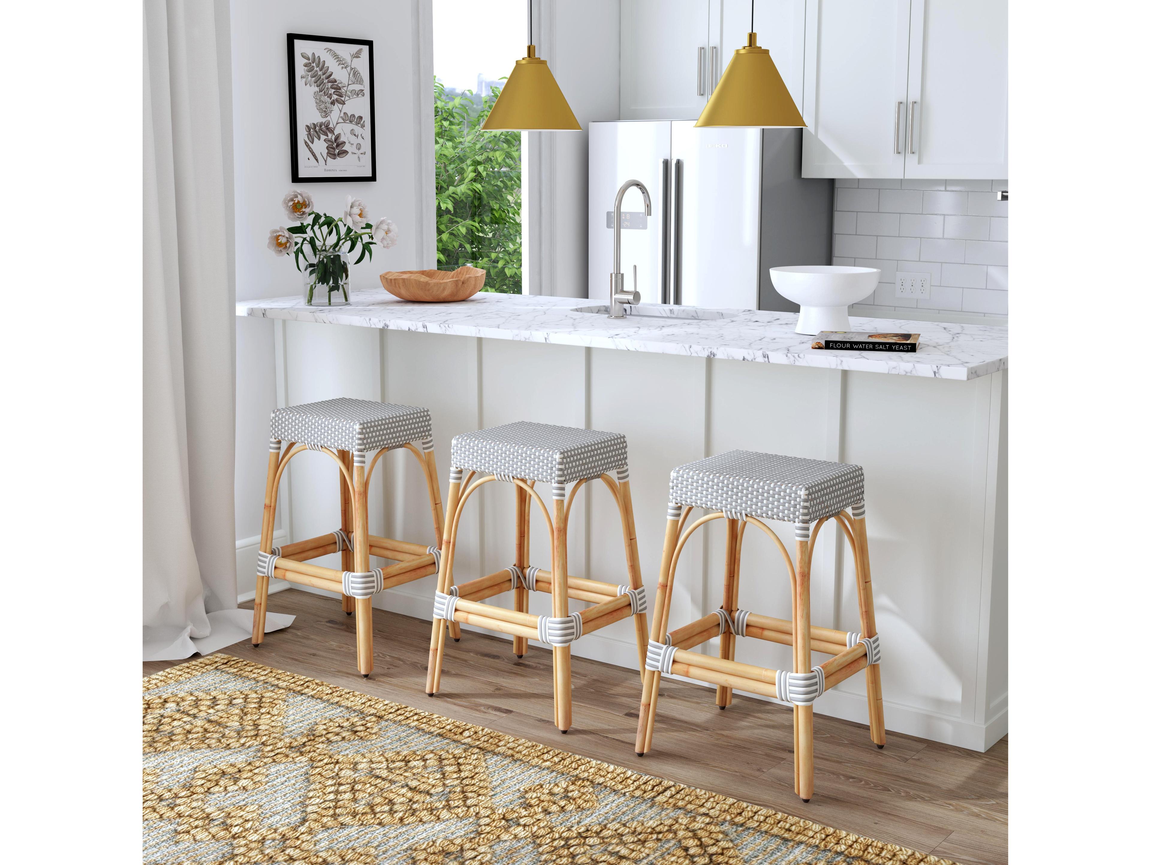 Butler Robias White gray Dot Natural Rattan Frame Gray Bar Stool