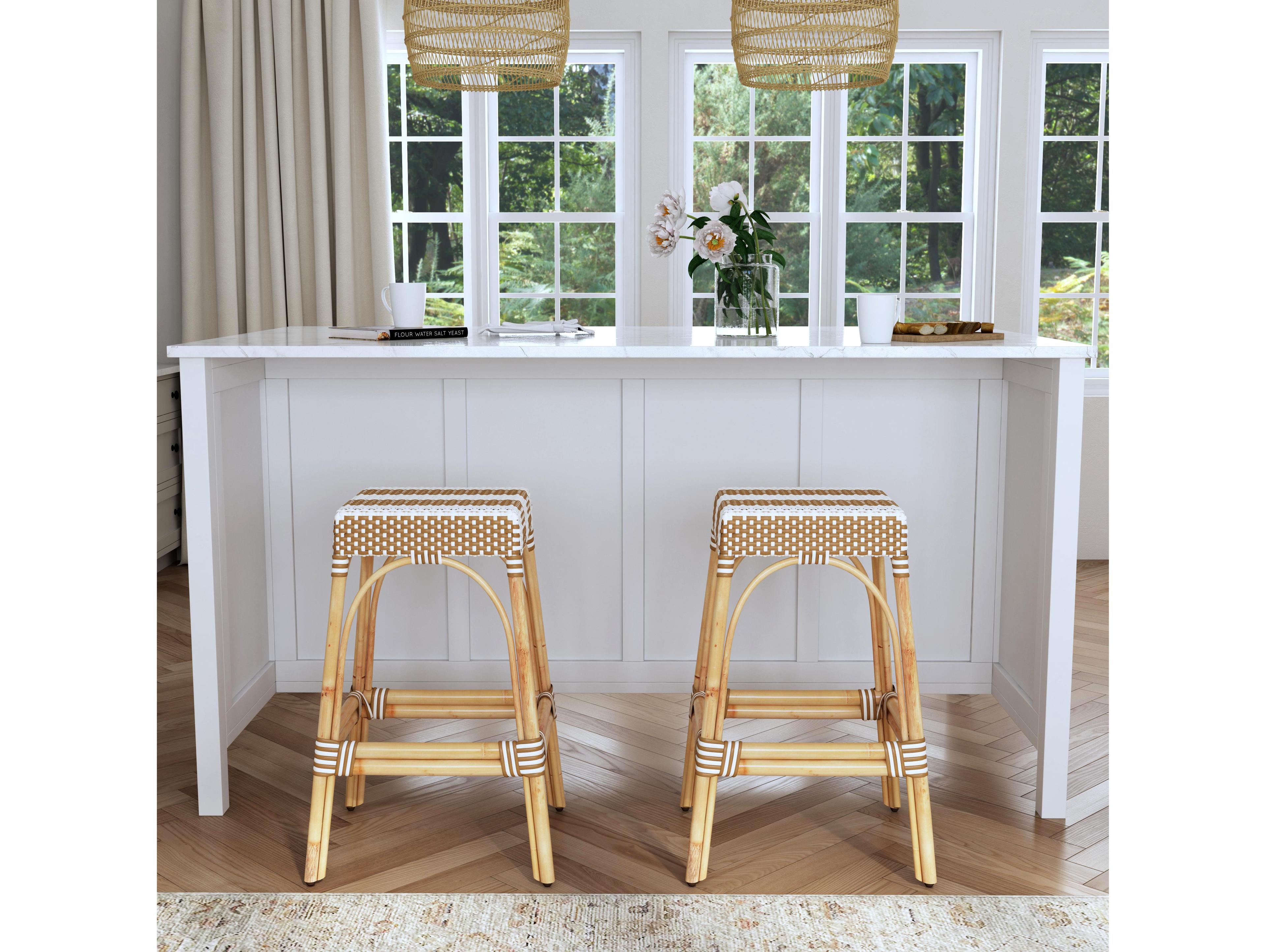 Butler Robias Tan white Stripe Natural Rattan Frame & Beige Bar Stool