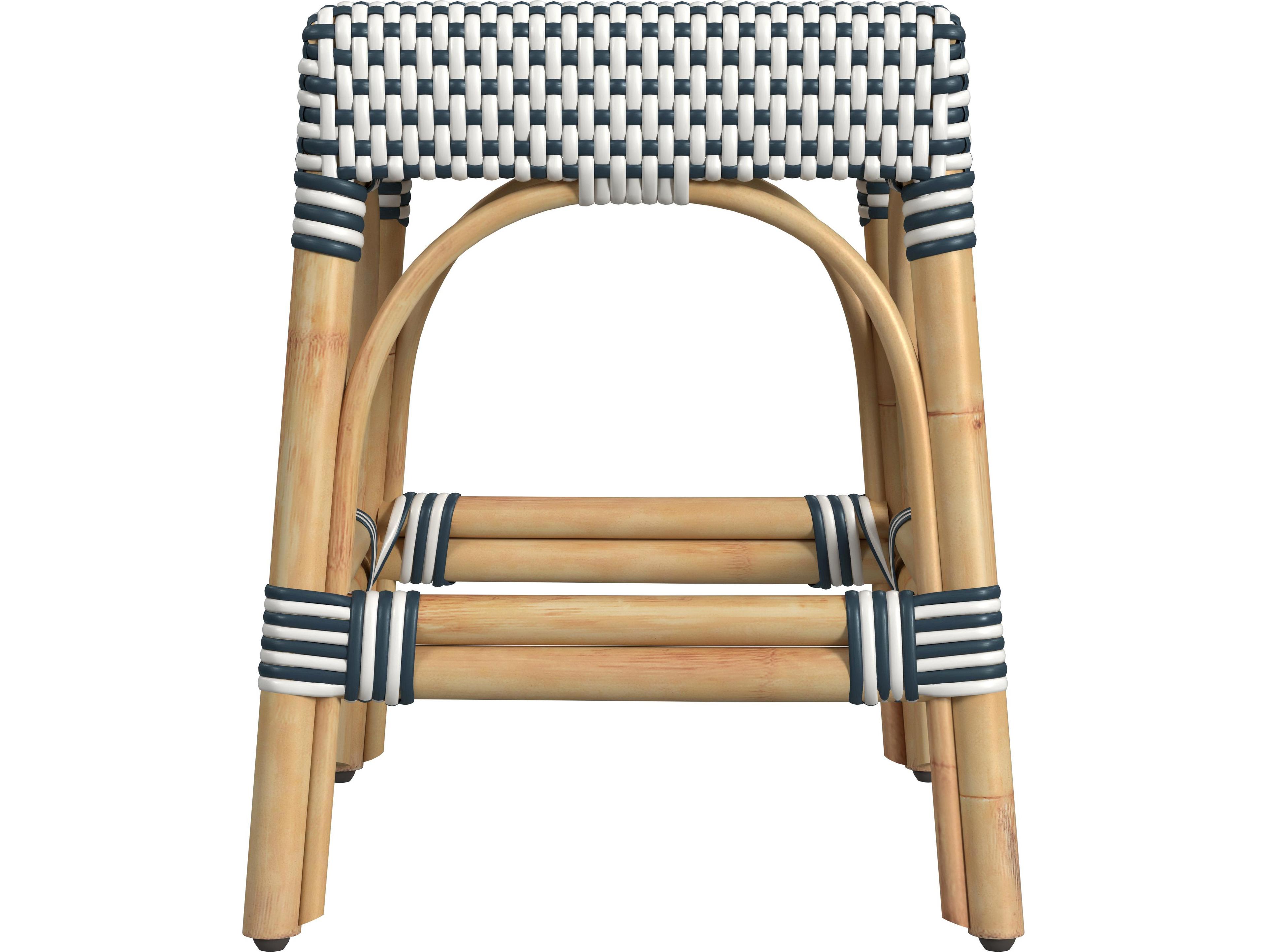 Butler Robias White navy Stripe Natural Rattan Frame Table Stool