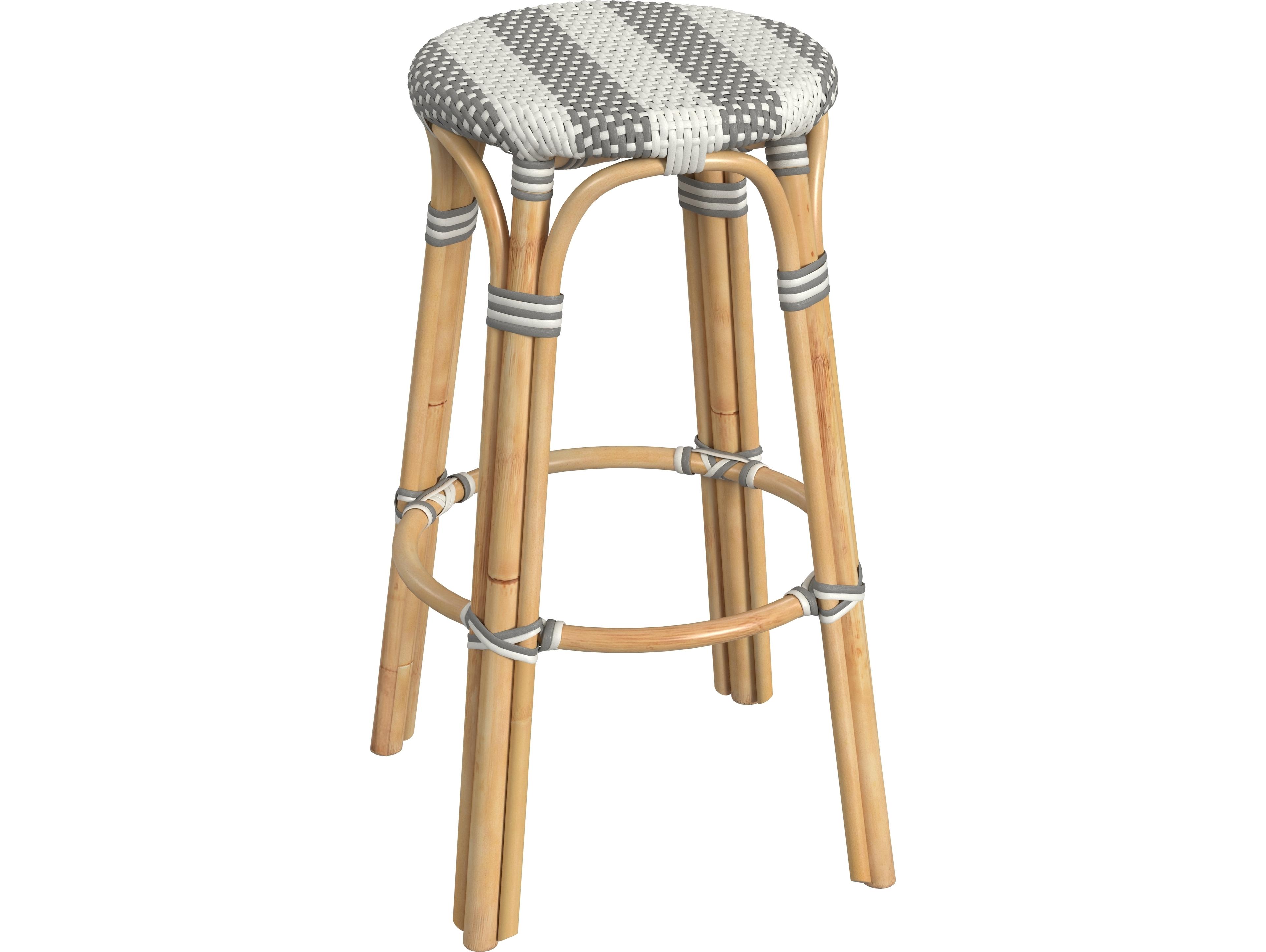 Butler Tobias Gray white Stripe Natural Rattan Frame Bar Stool